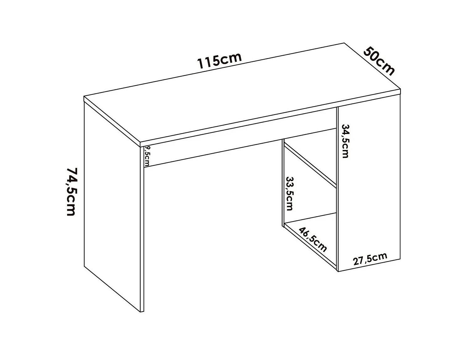 Escritorio Arianella, modulable, 115x50x74h cm blanco, 2 estantes, un cajón