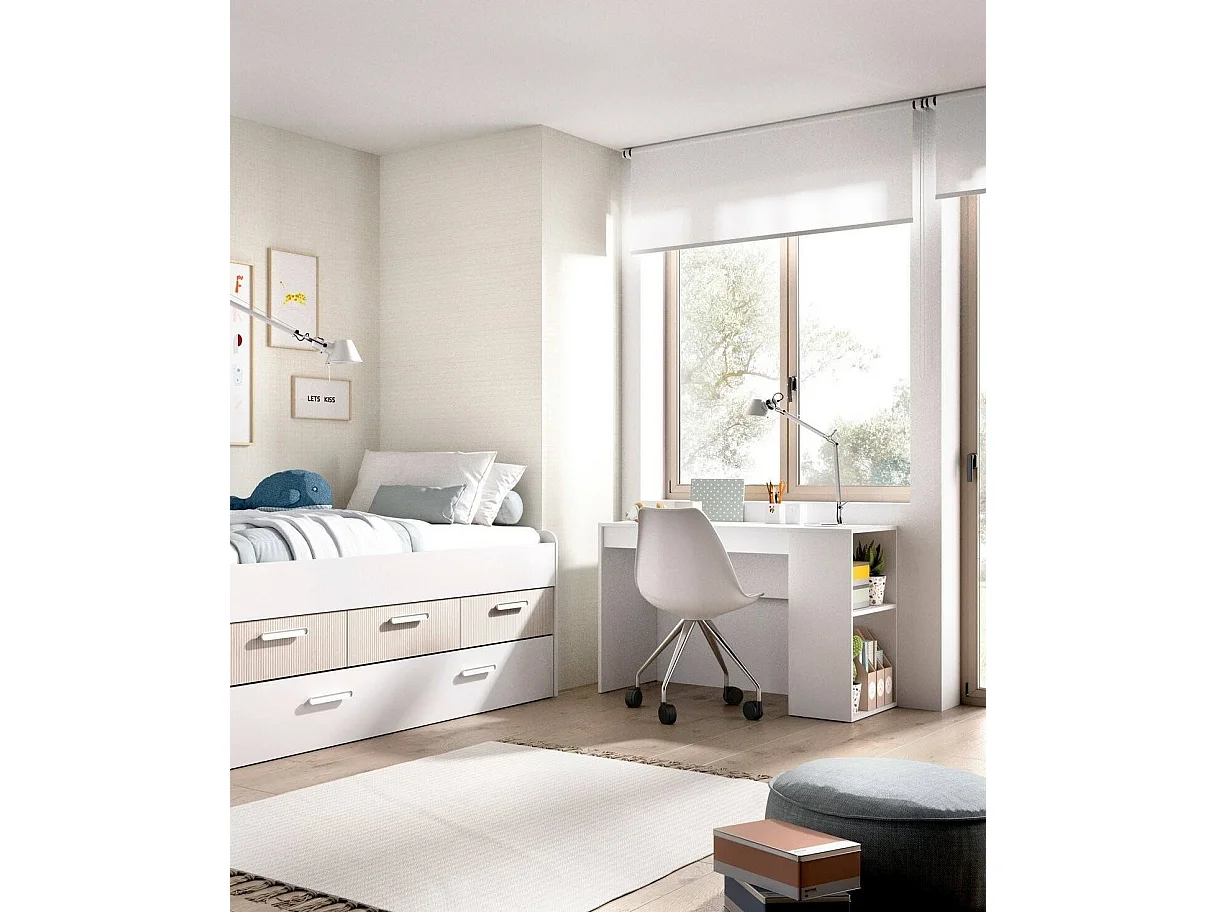 Escritorio Arianella, modulable, 115x50x74h cm blanco, 2 estantes, un cajón