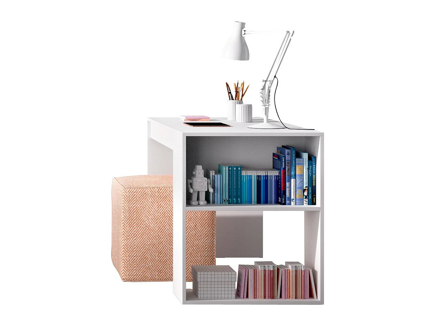 Escritorio Arianella, modulable, 115x50x74h cm blanco, 2 estantes, un cajón