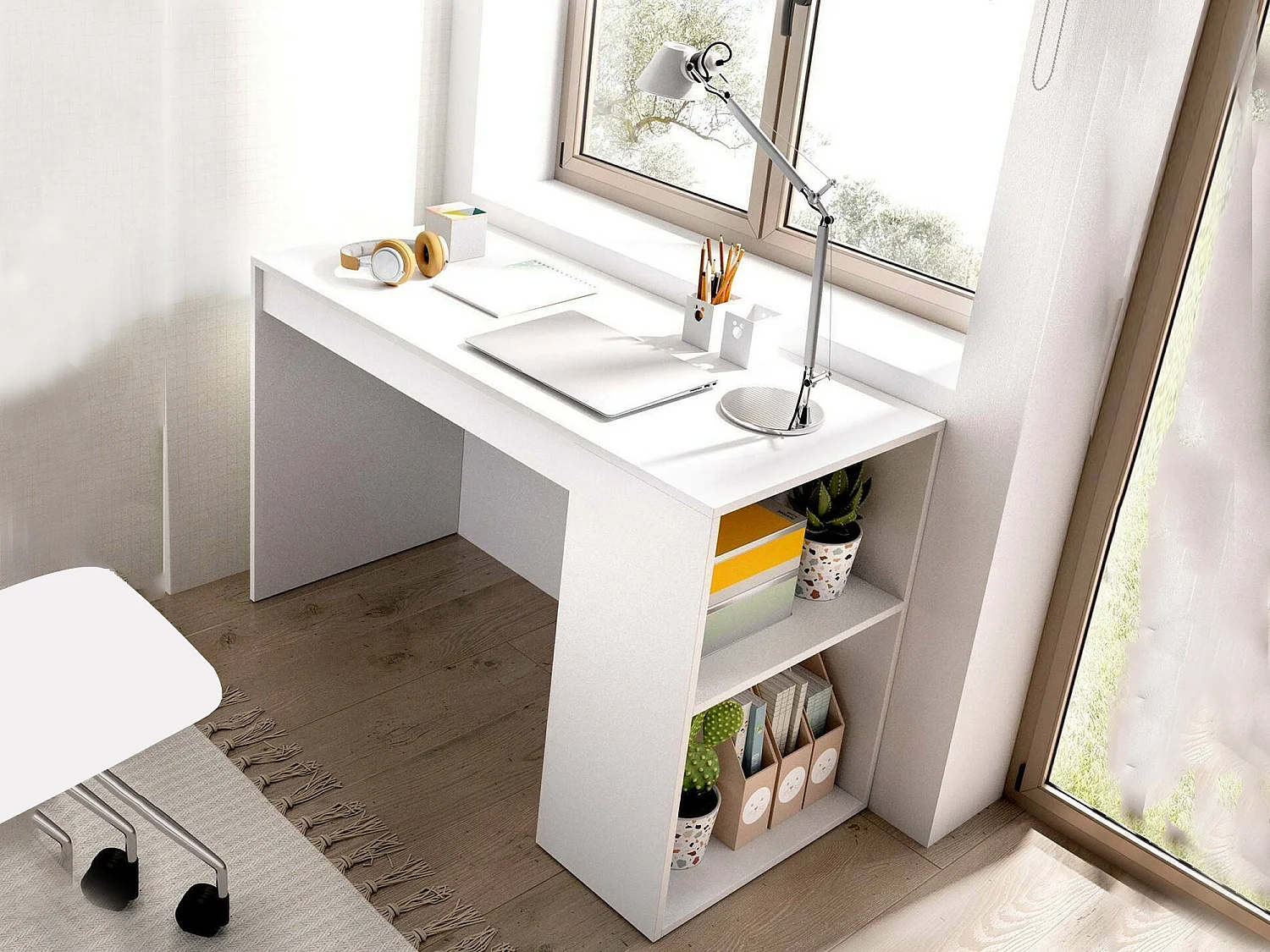 Escritorio Arianella, modulable, 115x50x74h cm blanco, 2 estantes, un cajón