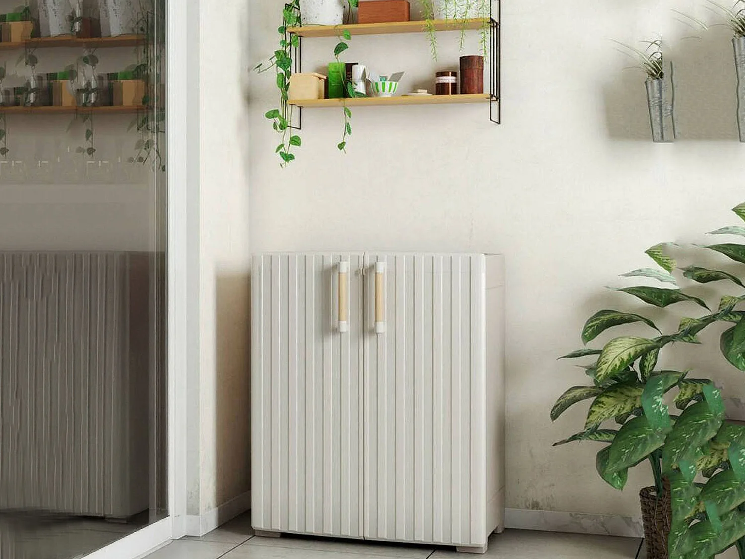 Buitenkast Melville, 1 legplank Made in Italy, 80x45x98h cm zandbruin, tuinkast, 2 deuren, waterdicht