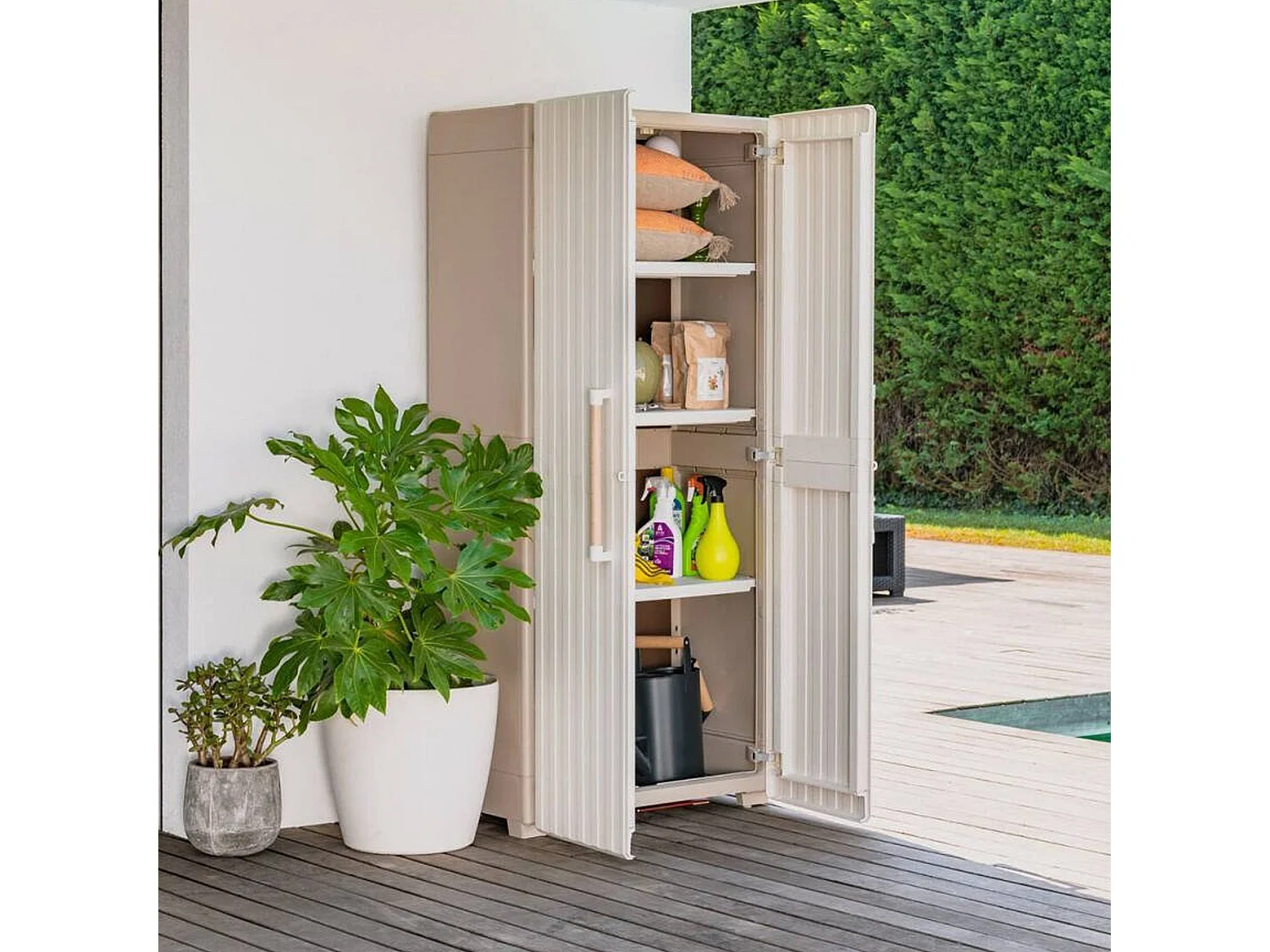 Außenschrank Melville, 3 Regalböden Made in Italy, 45x80x180h cm Sandbraun, Gartenschrank