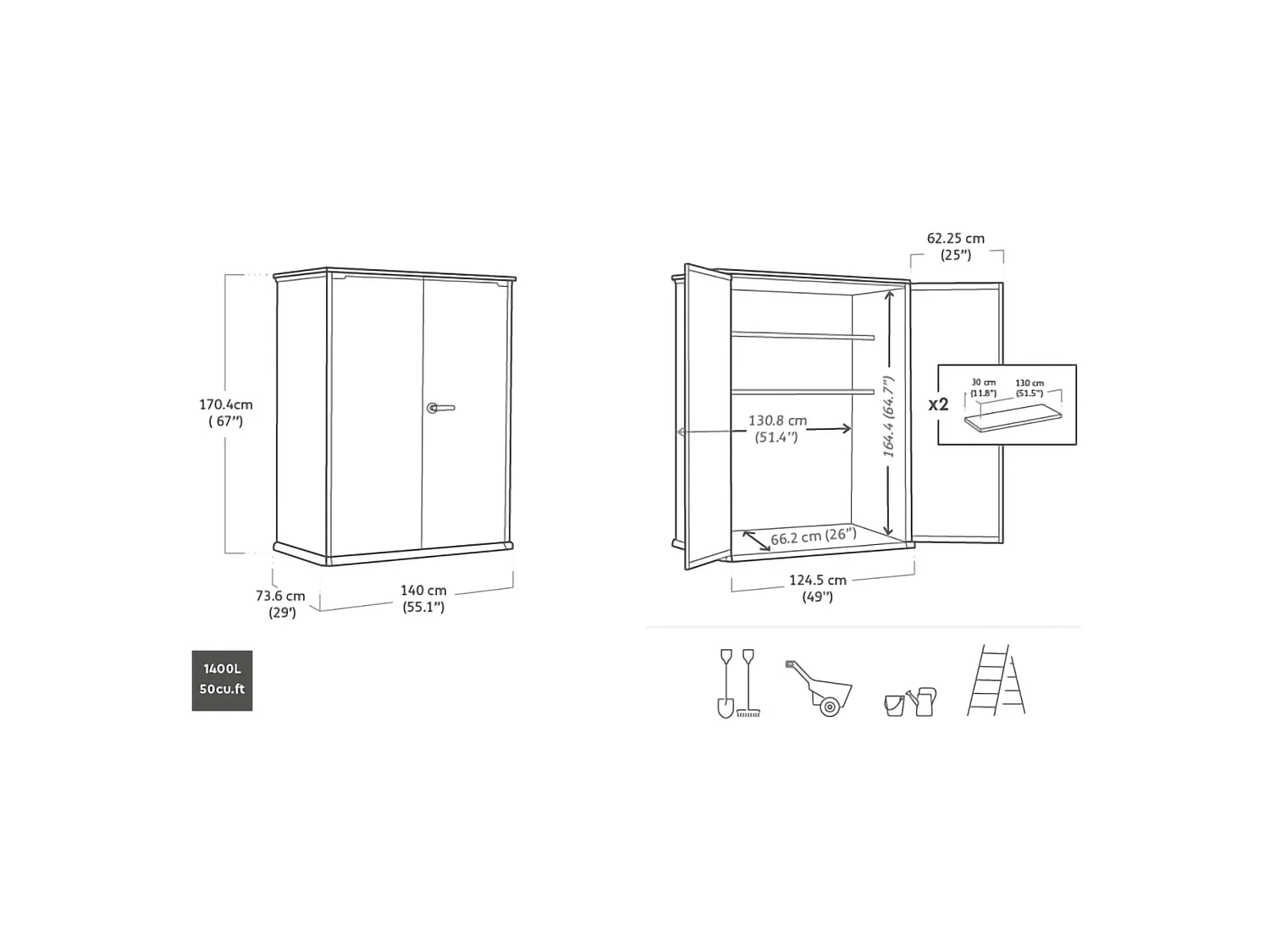 Armoire d'Extérieur Langdon, 2 Étagères, 140x74x170h cm Chêne Brun, Meuble de Jardin, Portes Battantes, 2 Vantaux