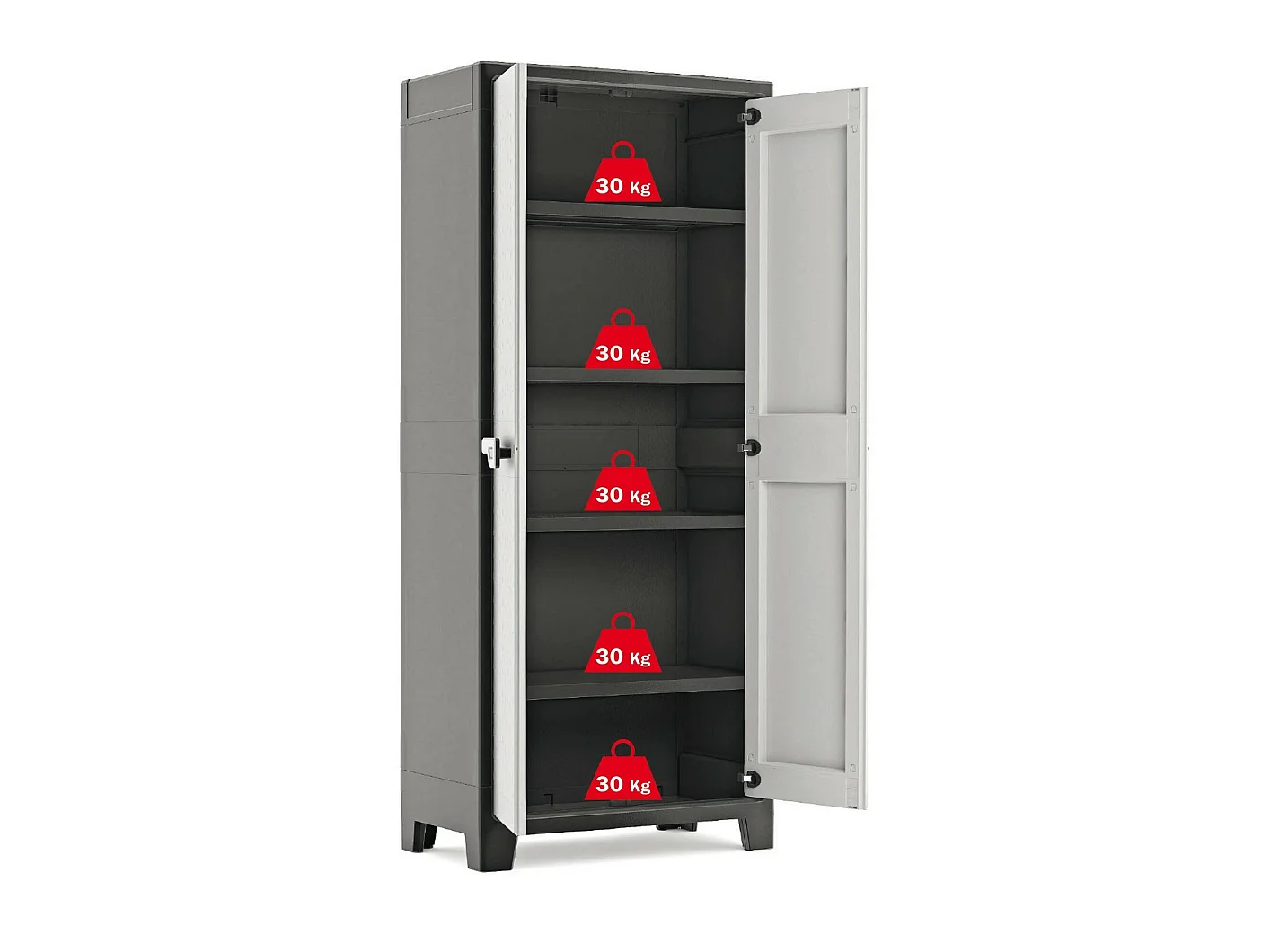 Buitenkast Oshawa, 4 planken, gemaakt in Italië, 80x44x182h cm grijs, tuinkast, draaideuren, 2 deuren