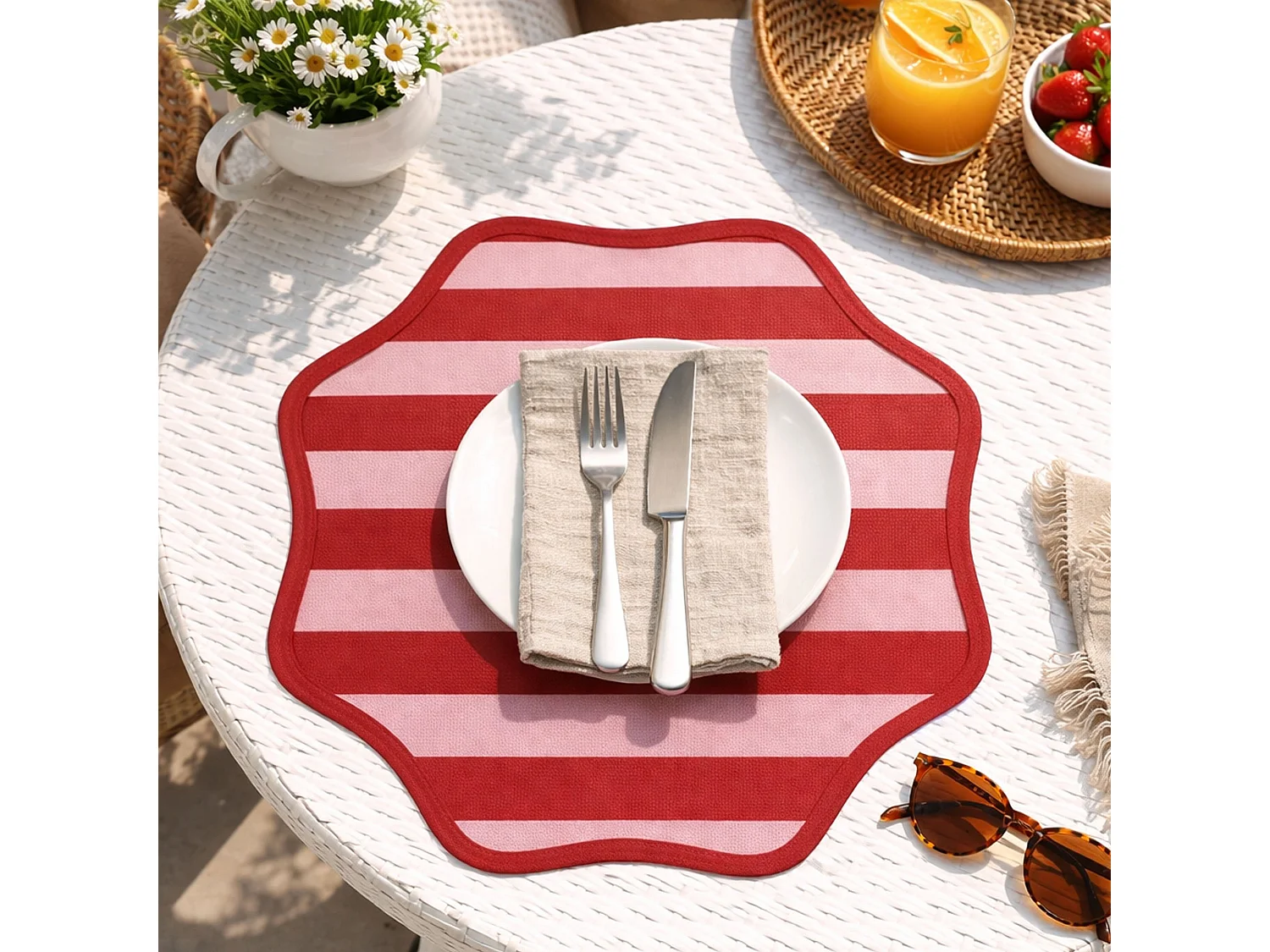 Sets de 6 Sets de table Hart, Bord ondulé, Rayures Made in Italy, 40x40 cm Rouge, Lavable, Structure Rose
