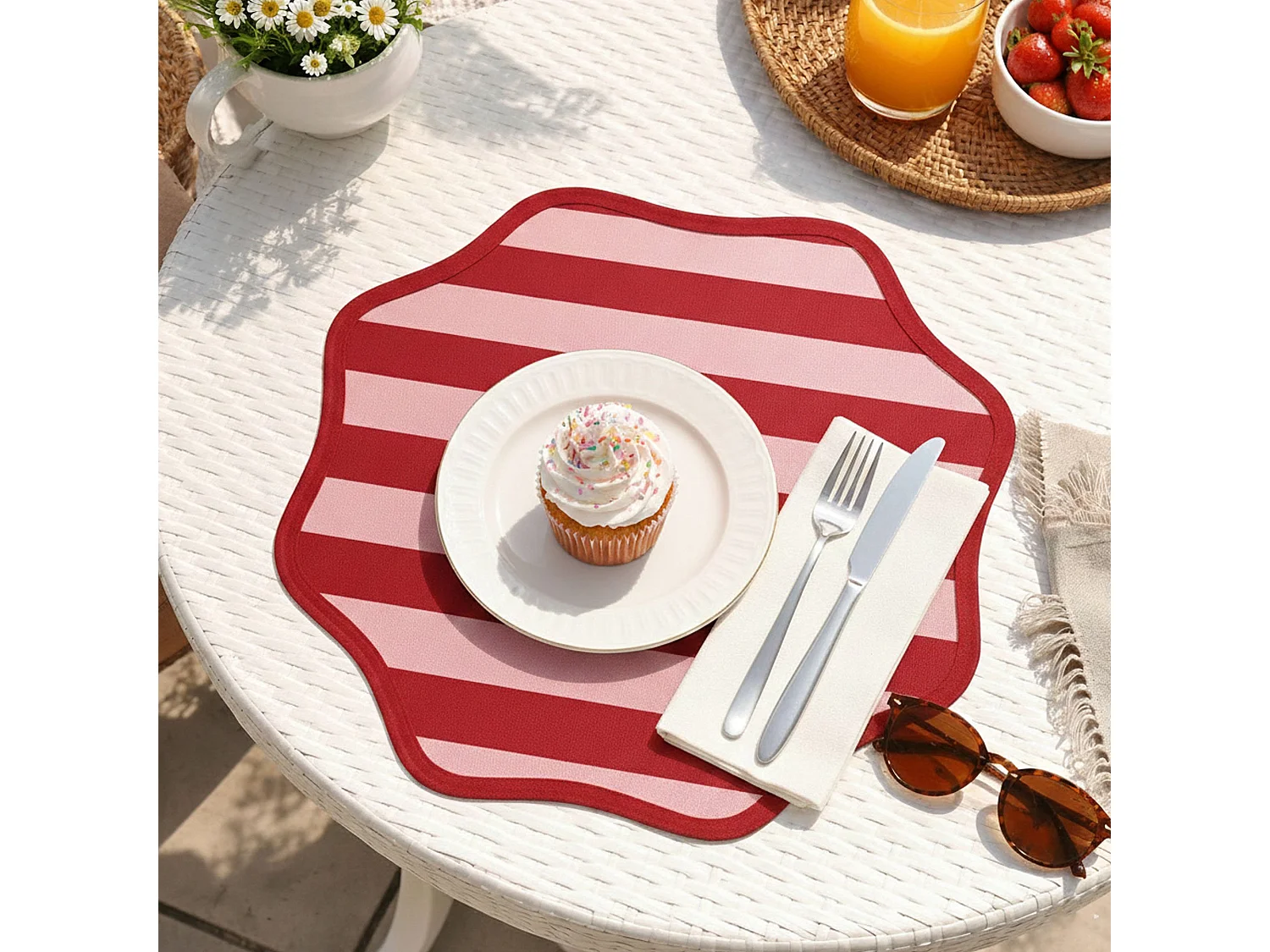 Sets de 6 Sets de table Hart, Bord ondulé, Rayures Made in Italy, 40x40 cm Rouge, Lavable, Structure Rose