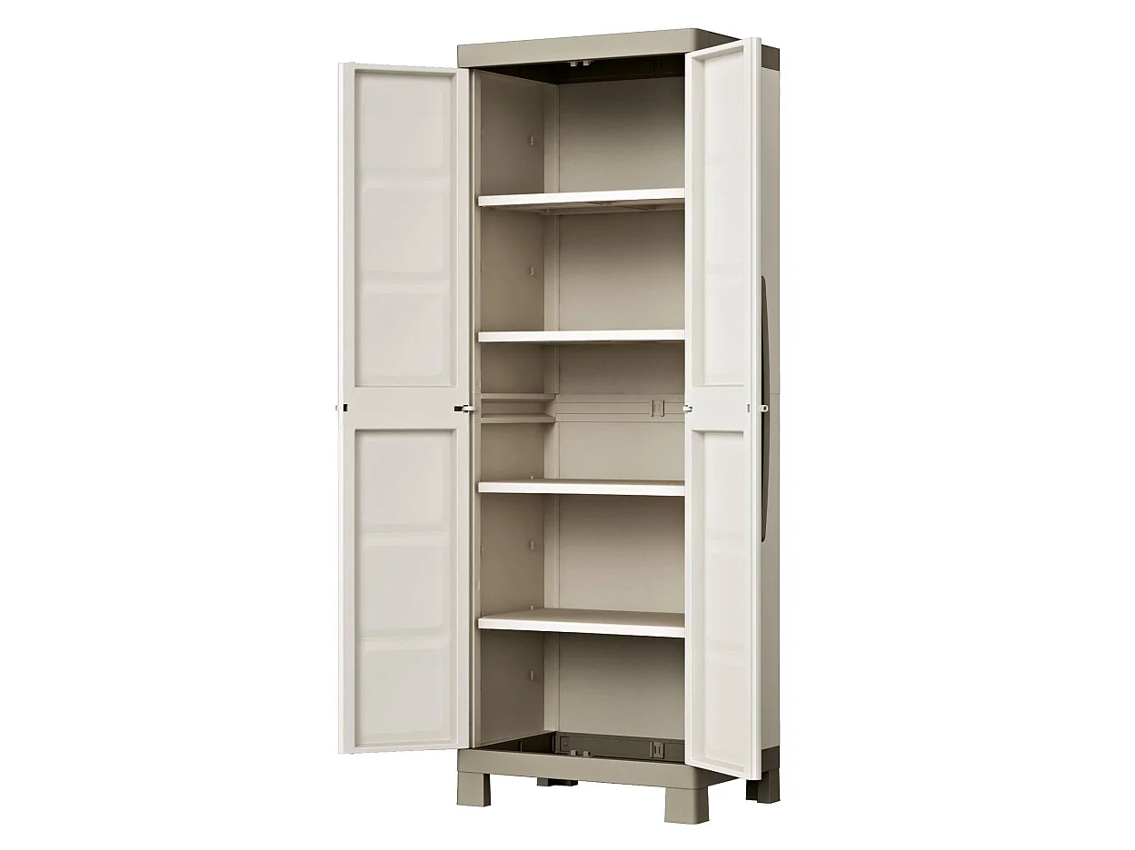 Buitenkast Strathmore, 4 planken, gemaakt in Italië, 65x45x182h cm zandbruin, tuinkast, 2 deuren, waterdicht
