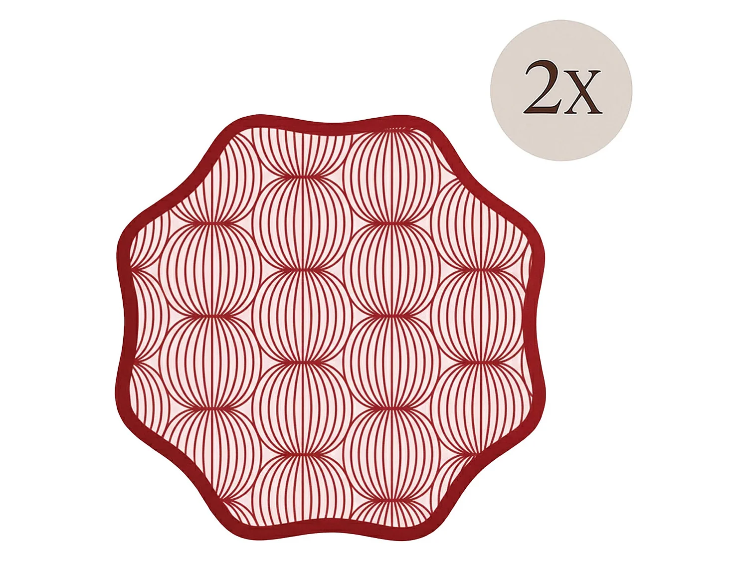 Tovaglietta Americana Kalp, set da 2, Bordo Ondulato, Fantasia Geometrica a Cerchi Intrecciati Made in Italy, 40x40 cm Rosso, Lavabile