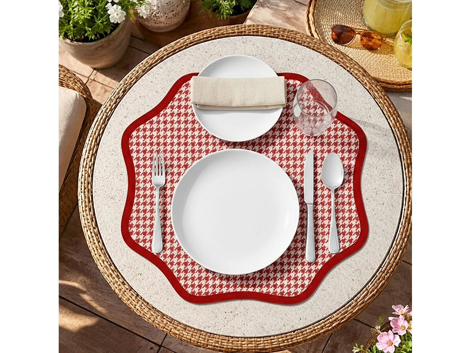 Sets de 6 napperons américains Tim, bord ondulé, motif Pied de Poule, 40x40 cm, rouge, lavable, structure rose, Made in Italy