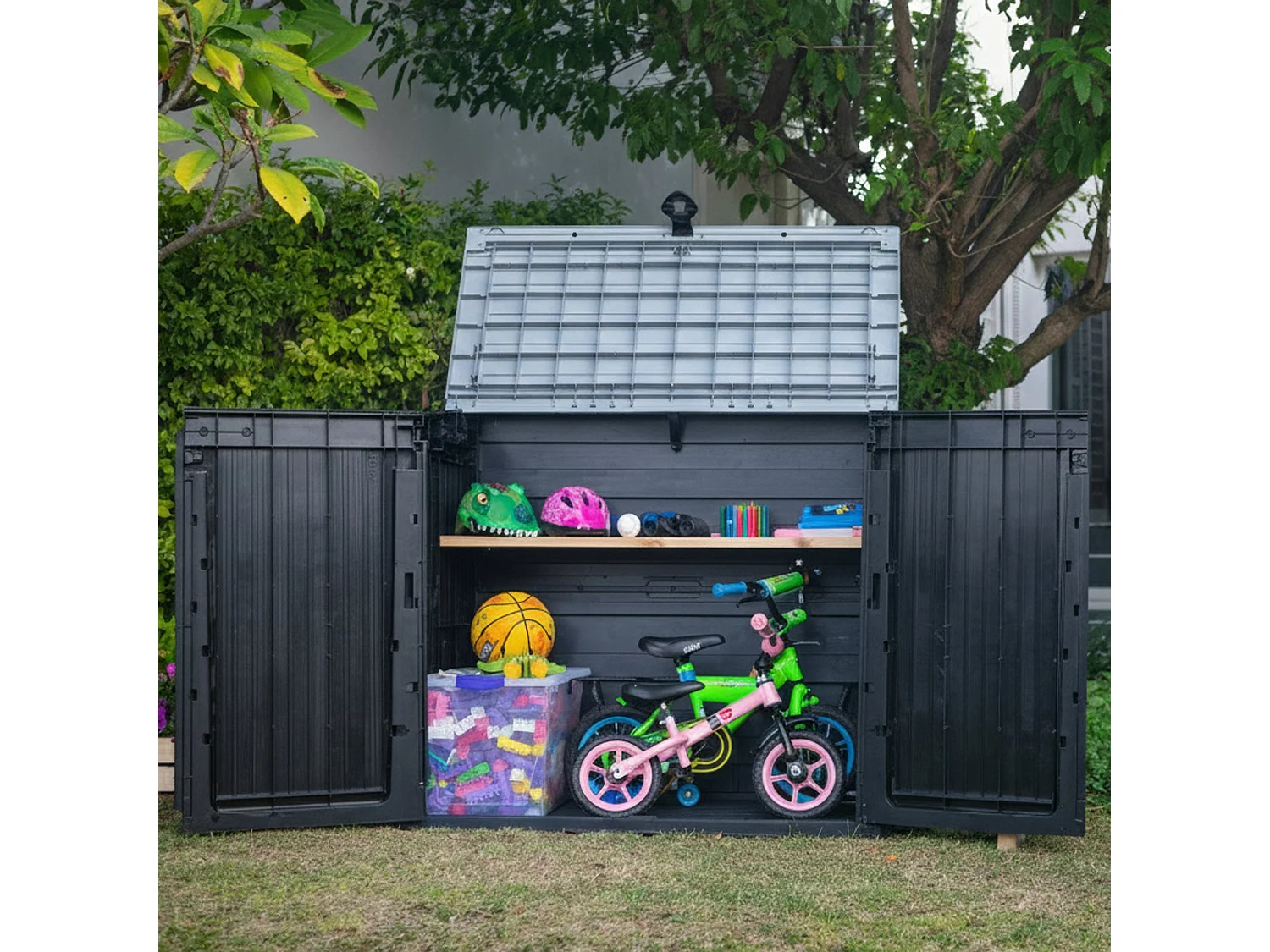 Buitenkast Gander, draaideuren, 132x72x114h cm zwart, tuinmeubel, 2 deuren, waterdichte gereedschapskast