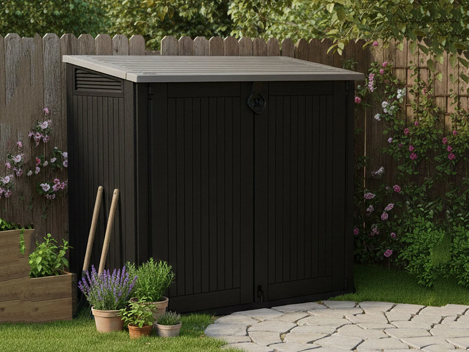 Buitenkast Gander, draaideuren, 132x72x114h cm zwart, tuinmeubel, 2 deuren, waterdichte gereedschapskast