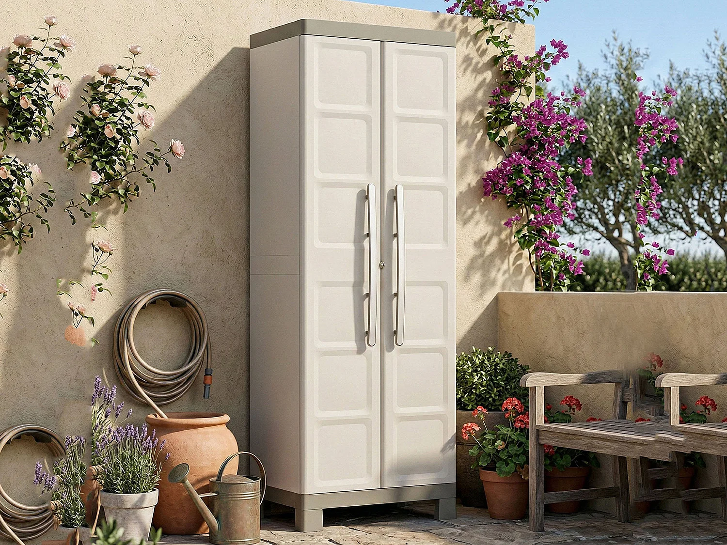 Strathmore Außenschrank, 4 Regalböden Made in Italy, 45x65x182h cm, Sandbraun, Gartenschrank