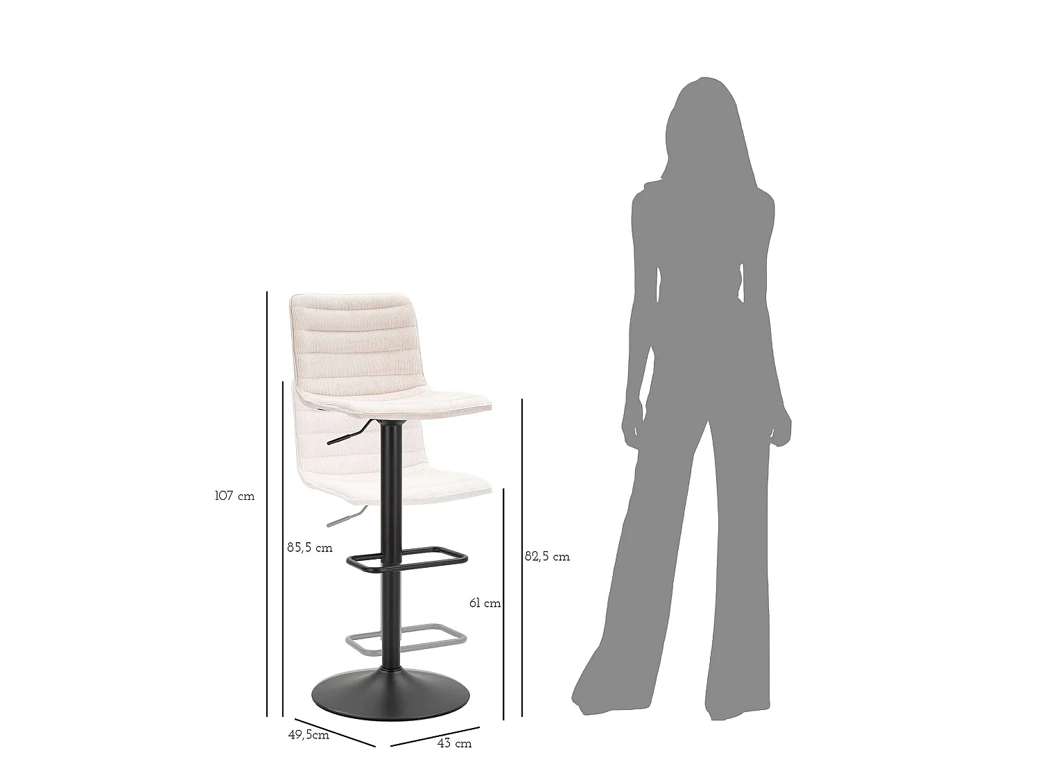 Tabouret Essaou, Réglable, 43x50x86h cm Blanc Crème, avec Dossier, Rembourré