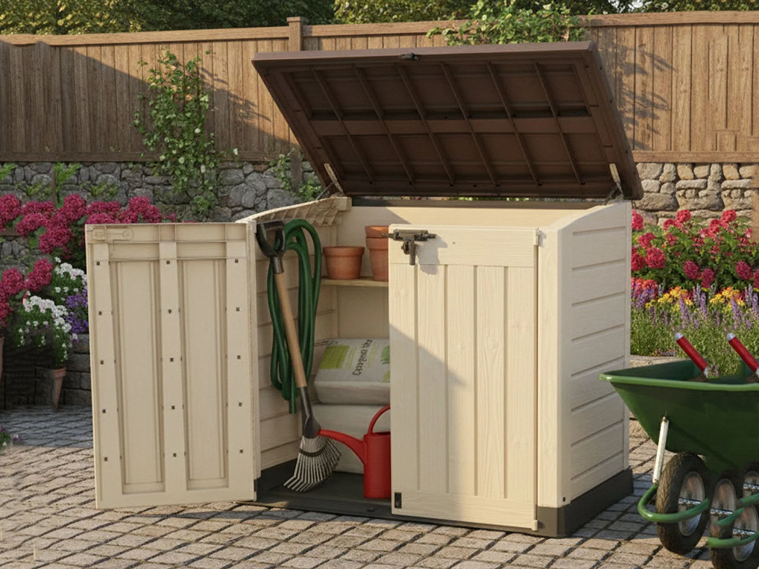 Hinton buitenkast, draaideur, 146x82x125h cm beige, tuinkast, 2 deuren, waterdichte gereedschapskast