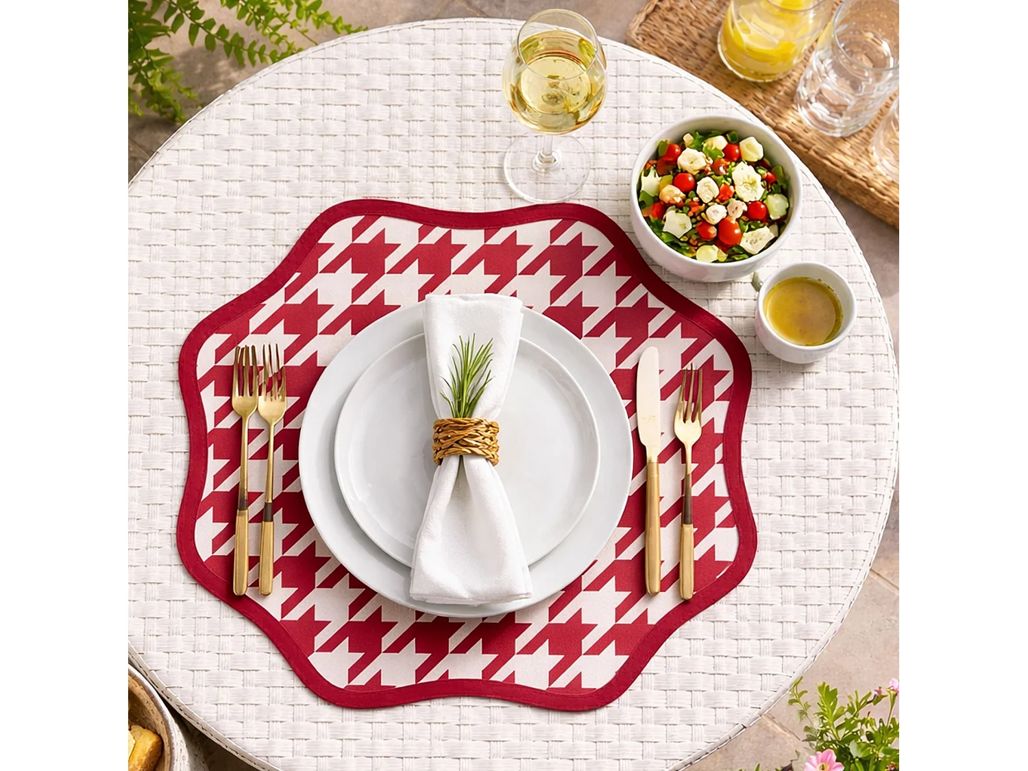 Tovaglietta Americana Serce, set da 6, Bordo Ondulato, Fantasia Pied de Poule Made in Italy, 40x40 cm Rosso, Lavabile, Colore Struttura Rosa