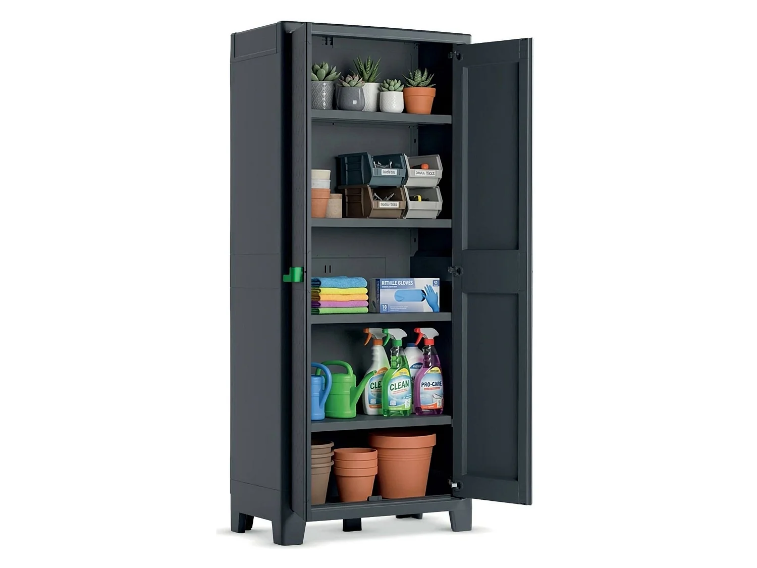 Buitenkast Markham, 4 legplanken, gemaakt in Italië, 80x44x182h cm grijs, tuinkast, draaideuren, 2 deuren