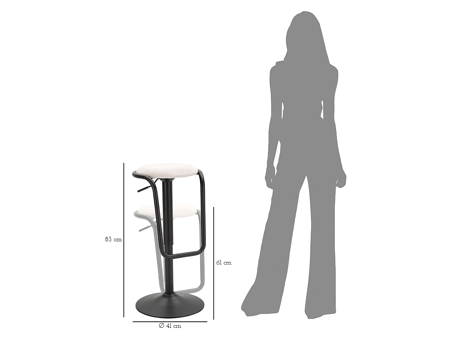 Sgabello Jardin, réglable, 41x41x61h cm blanc crème, rembourré, hauteur d'assise maximale 83 cm
