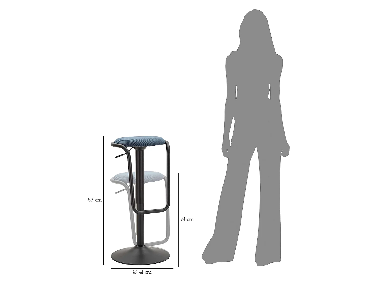 Sgabello Jardin, réglable, 41x41x61h cm bleu, rembourré, hauteur d'assise maximale 83 cm