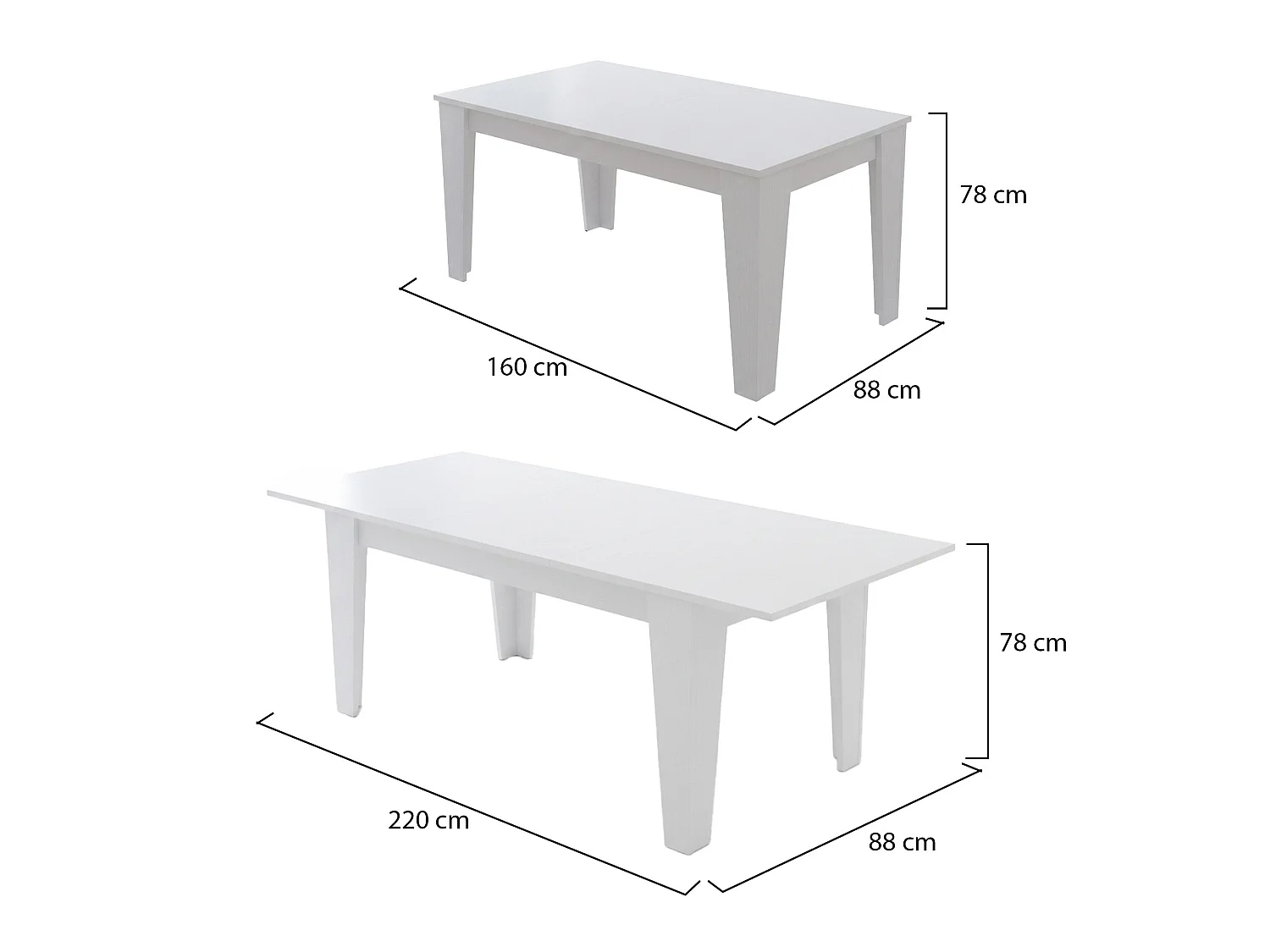 Table extensible Sassetta, extensible, 220x88x78h cm blanc, mécanisme à rallonge centrale, longueur max 220 cm