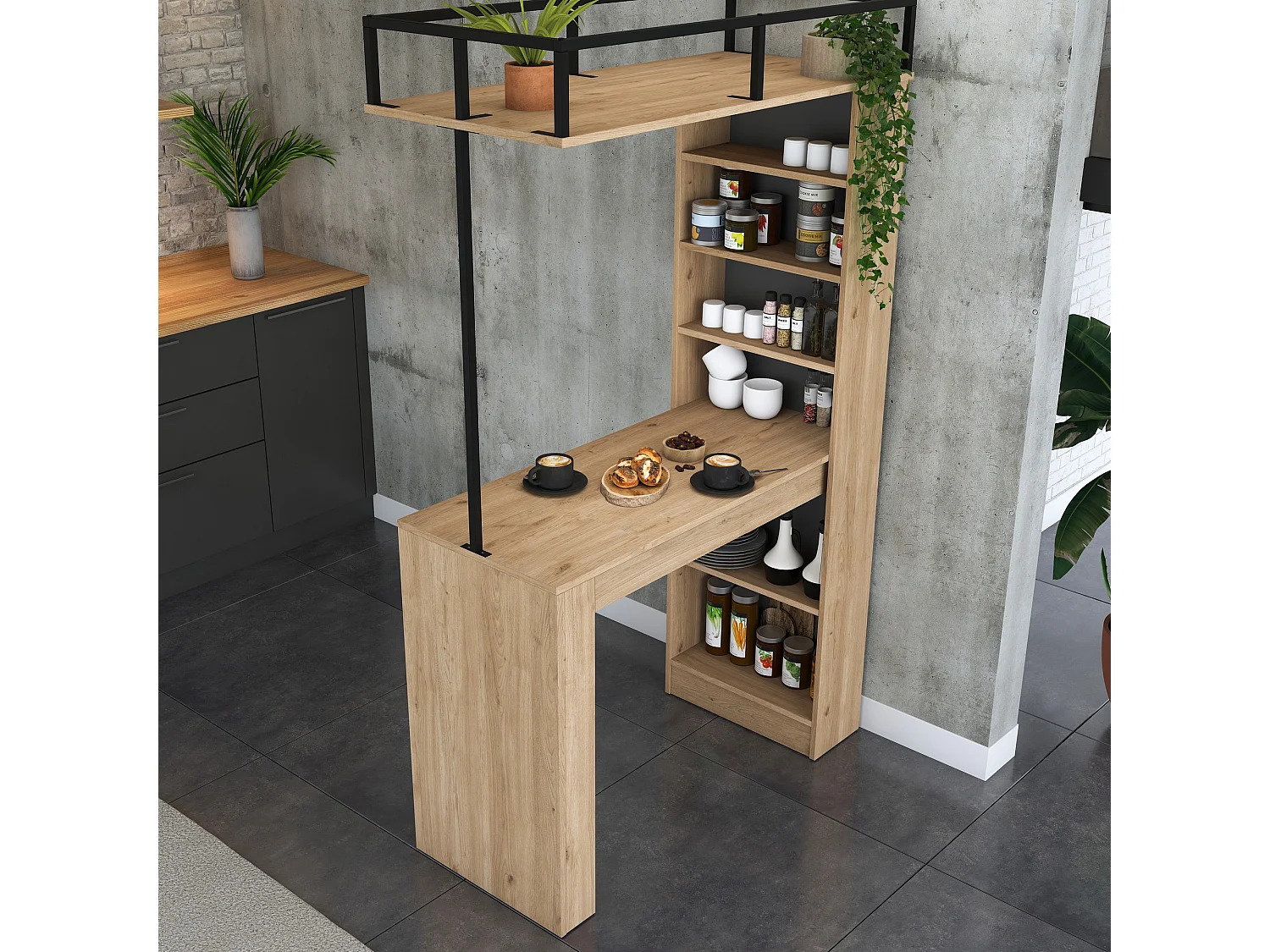 Table fixe Ezzelini, 2 places, 120x56x199h cm Chêne marron, idéal pour bars et open spaces, Forme rectangulaire