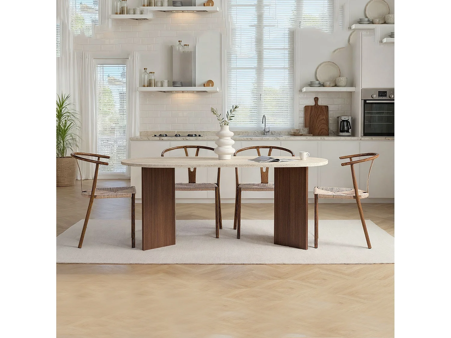 Tavolo Fisso Monterano, 6 Posti, 180x90x75h cm Beige Marmo, Forma Ovale, Colore Ripiano Beige