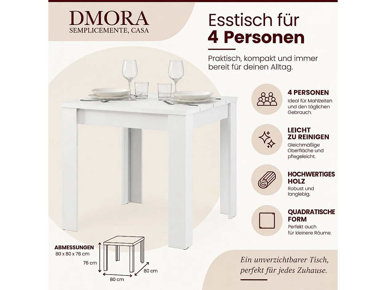 Table Fixe Trosa, 4 Places, 80x80x76h cm Blanc Mat, Plateau Effet Lattes, Forme Carrée