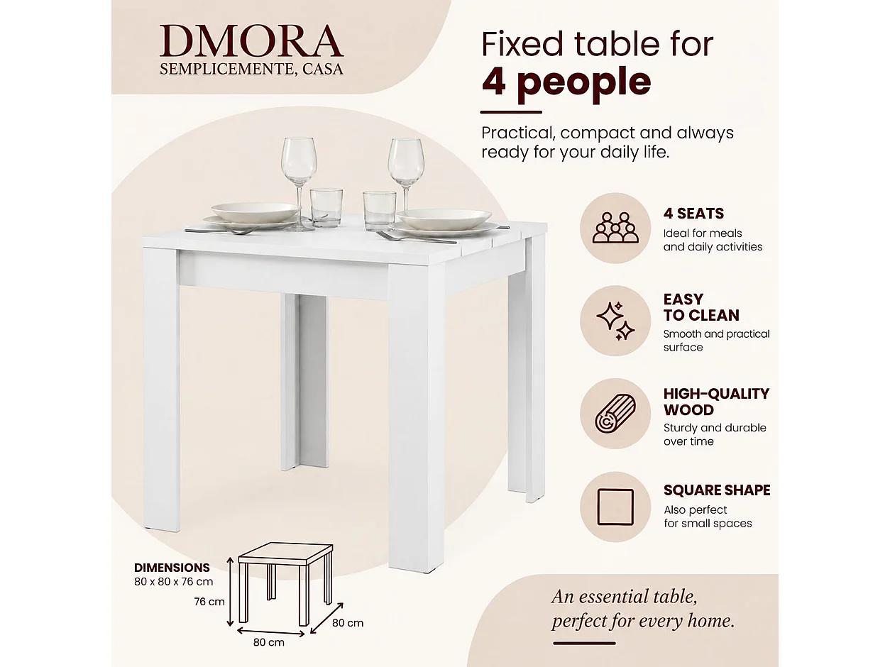 Table Fixe Trosa, 4 Places, 80x80x76h cm Blanc Mat, Plateau Effet Lattes, Forme Carrée