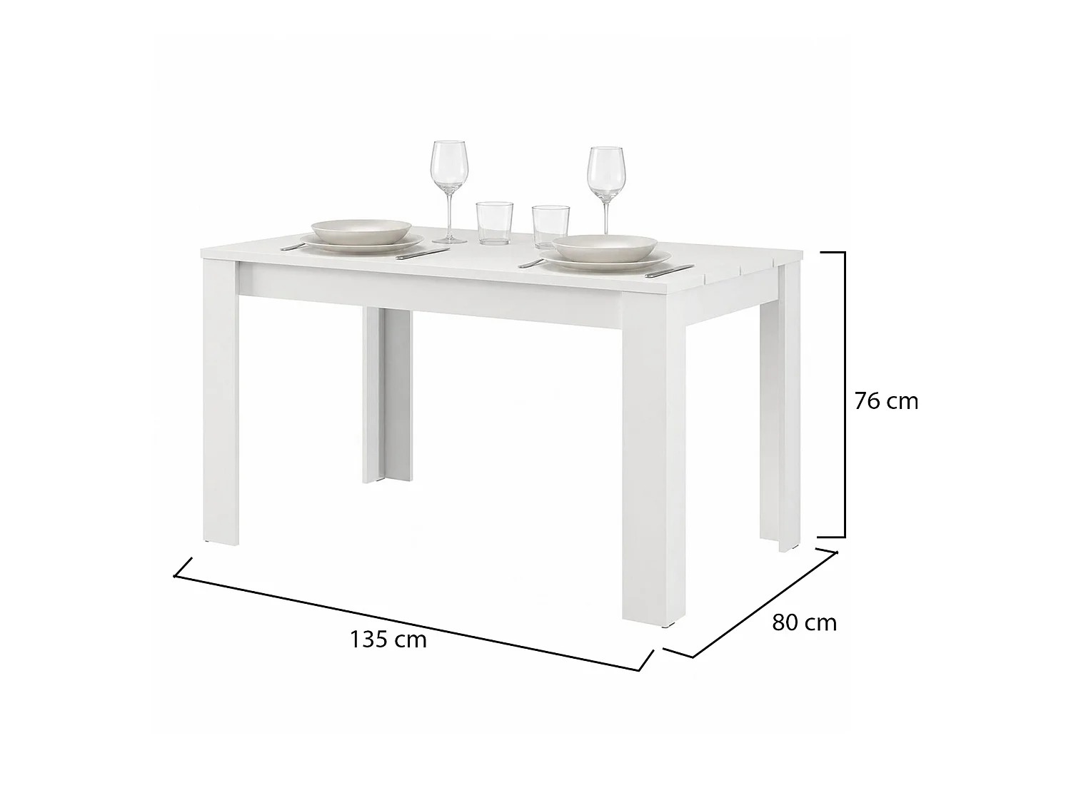 Table Fixe Sort, 6 Places, 135x80x76h cm Blanc Mat, Plateau Effet Rainuré, Forme Rectangulaire