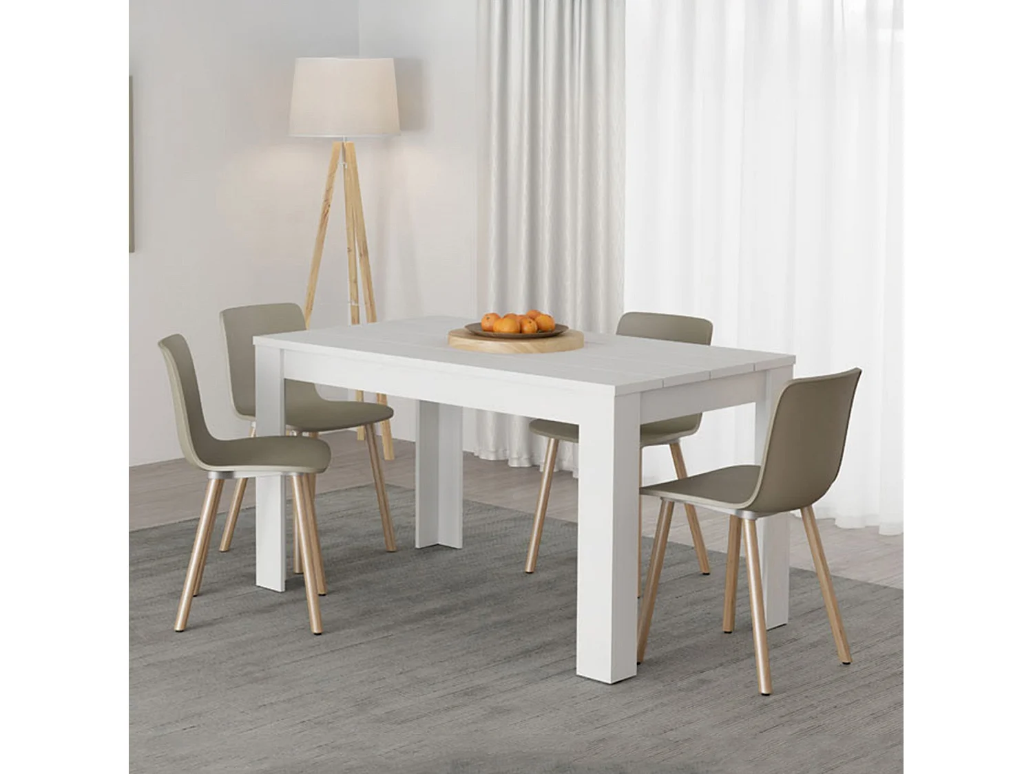Table Fixe Sort, 6 Places, 135x80x76h cm Blanc Mat, Plateau Effet Rainuré, Forme Rectangulaire