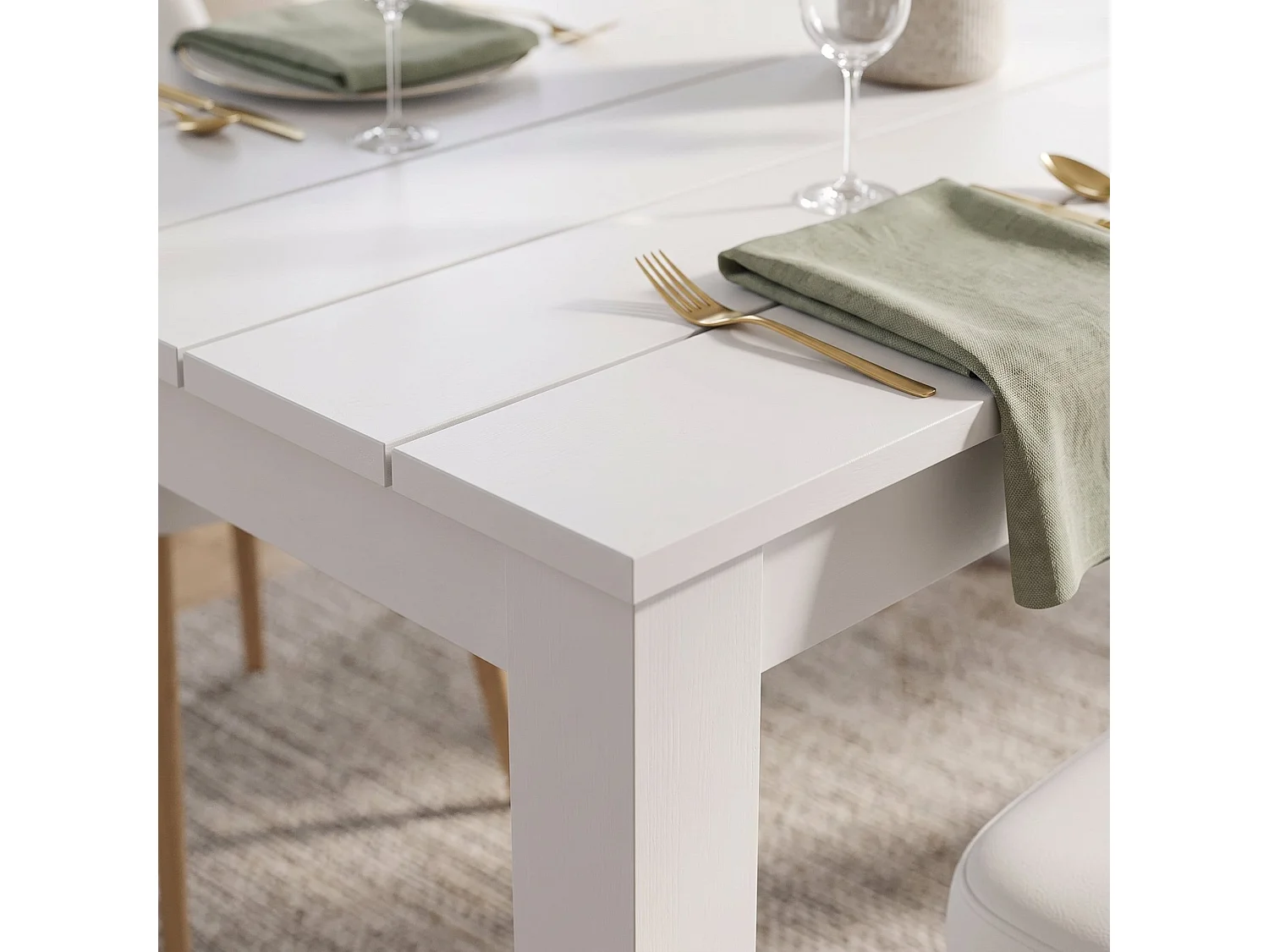 Table Fixe Sort, 6 Places, 135x80x76h cm Blanc Mat, Plateau Effet Rainuré, Forme Rectangulaire