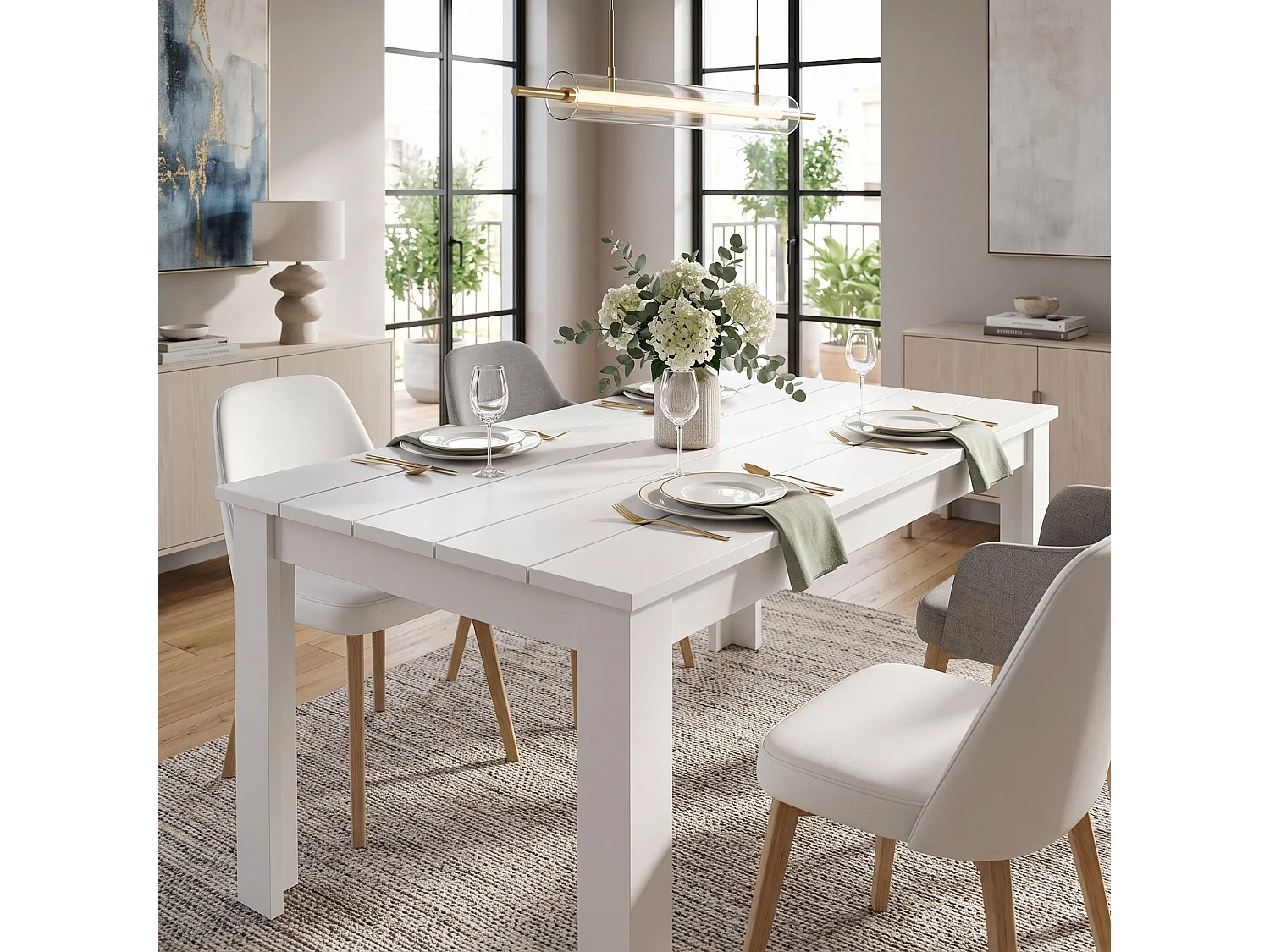Table Fixe Sort, 6 Places, 135x80x76h cm Blanc Mat, Plateau Effet Rainuré, Forme Rectangulaire