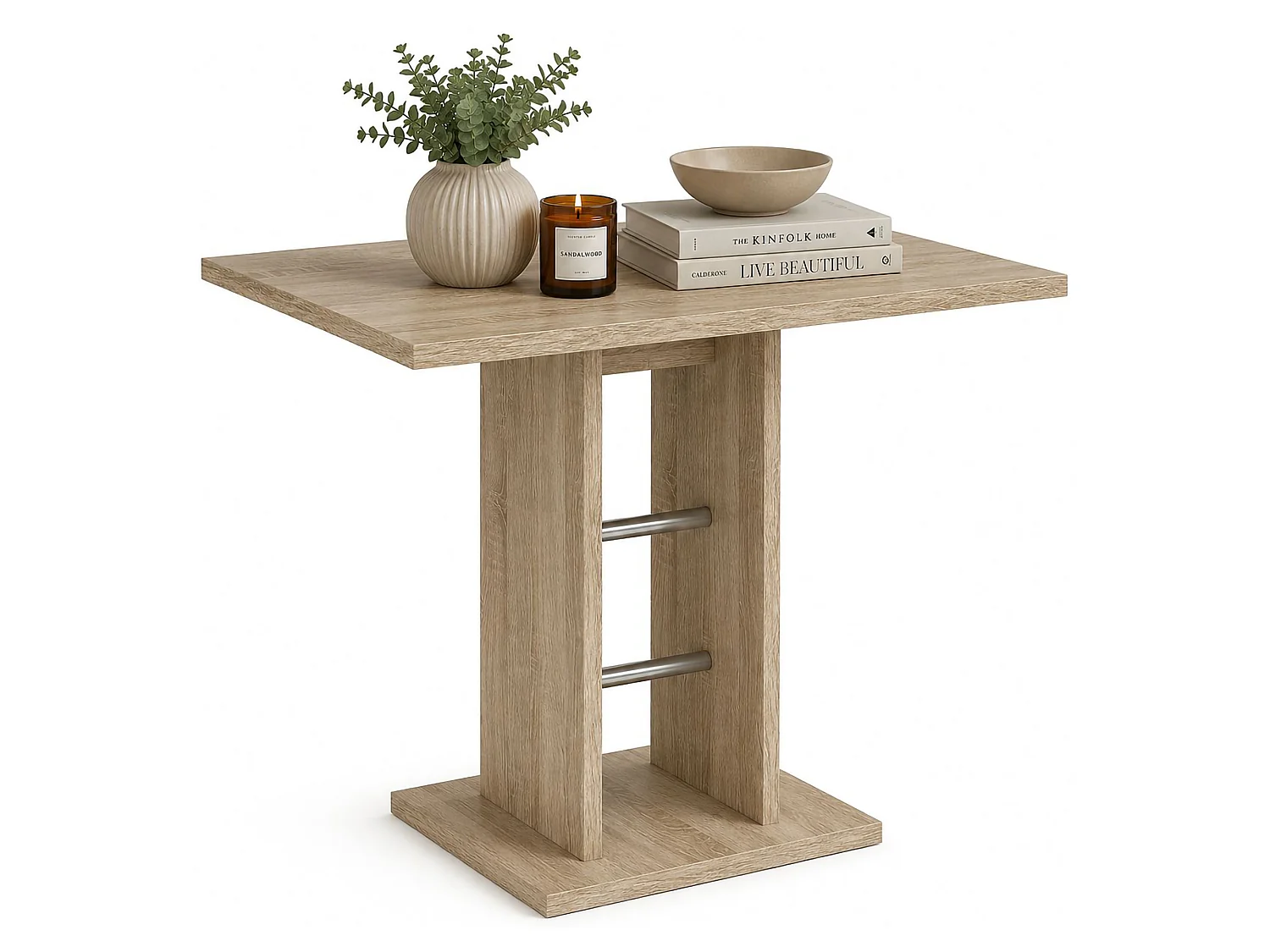 Table Fixe Livala, 4 Places, 76x76x74h cm Chêne Marron, Détails Métal, Forme Carrée