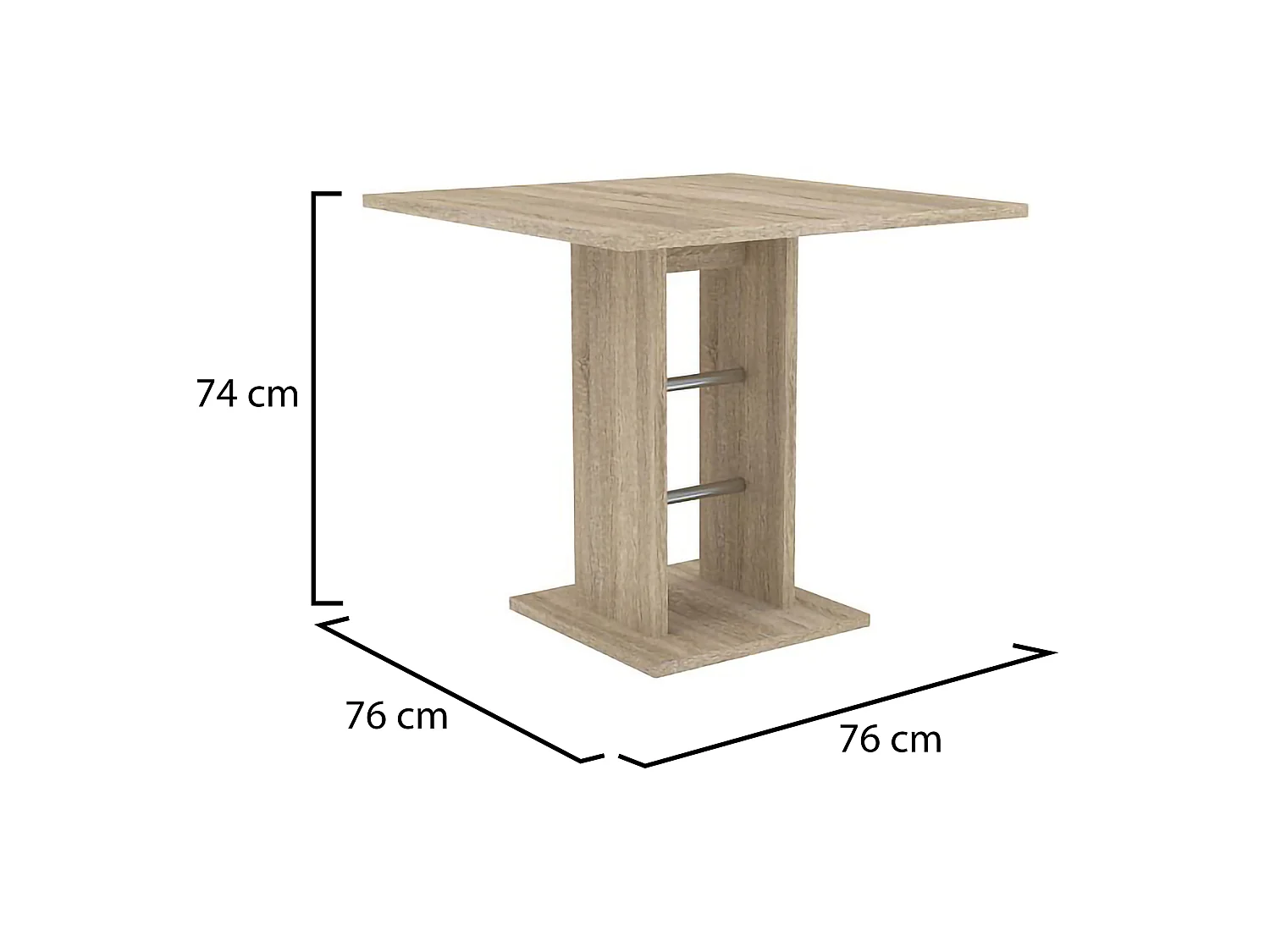 Table Fixe Livala, 4 Places, 76x76x74h cm Chêne Marron, Détails Métal, Forme Carrée