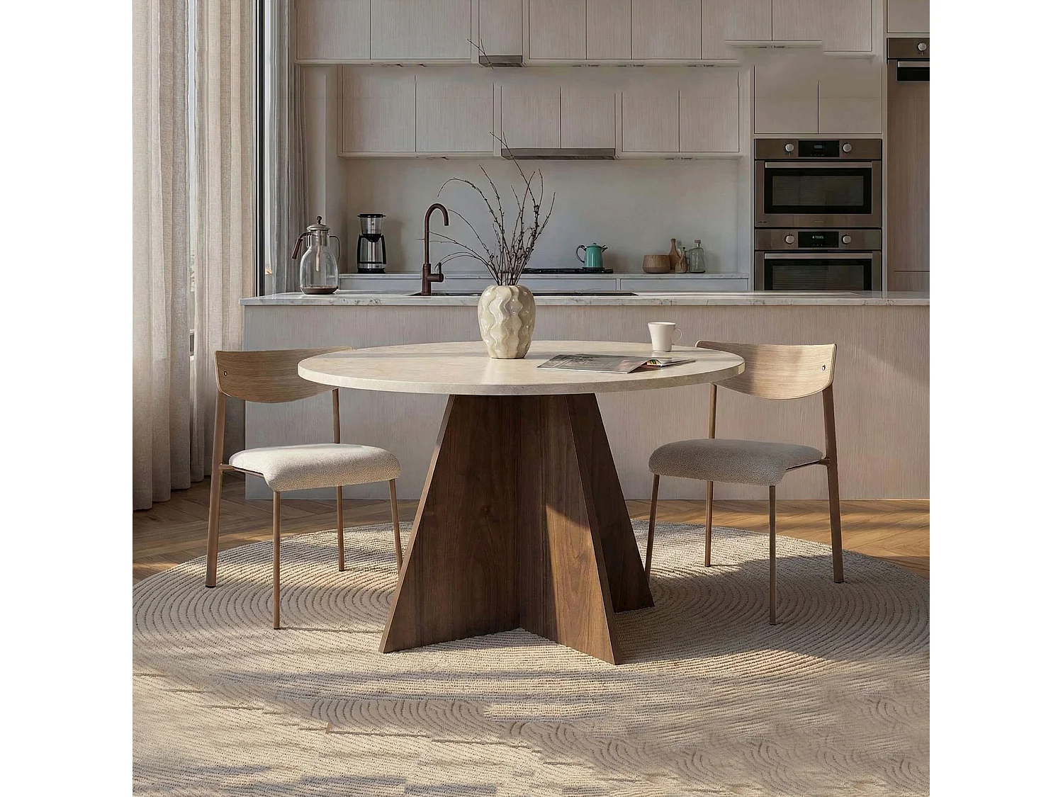 Tavolo Fisso Racale, 4 Posti, 120x120x75h cm Beige Marmo, Forma Rotondo, Colore Ripiano Beige