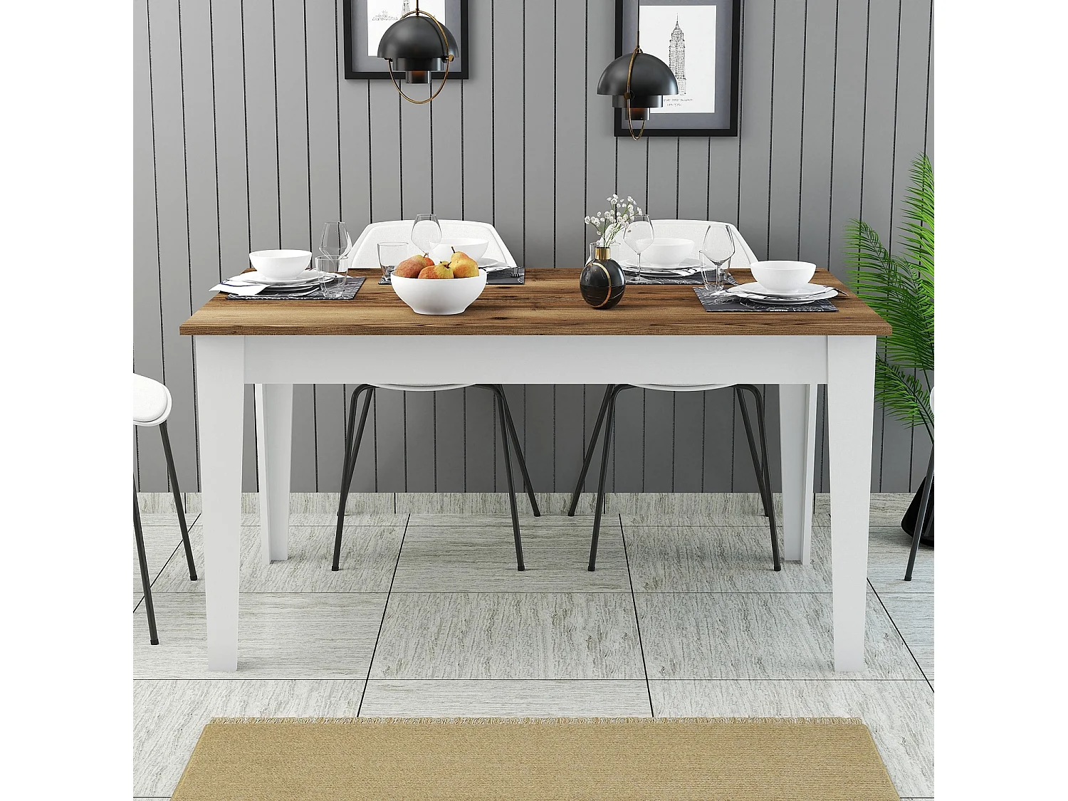 Table fixe Sicura, 6 places, 145x88x75h cm blanc, forme rectangulaire, charge max 120 kg