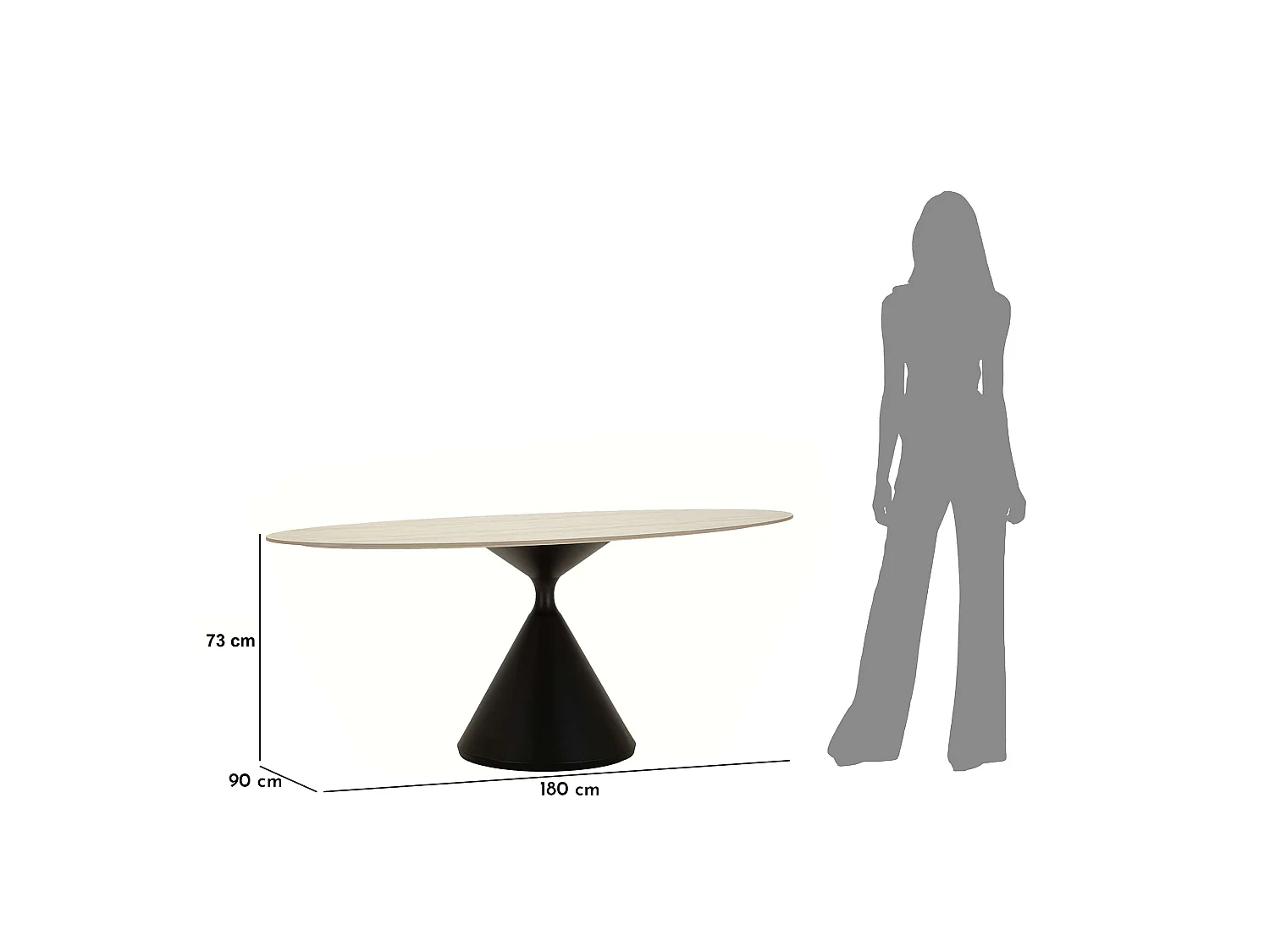 Table Fixe Baleha, 4 Places, 180x90x73h cm Chêne Marron, Forme Ovale, Nuance Couleur Structure Chêne