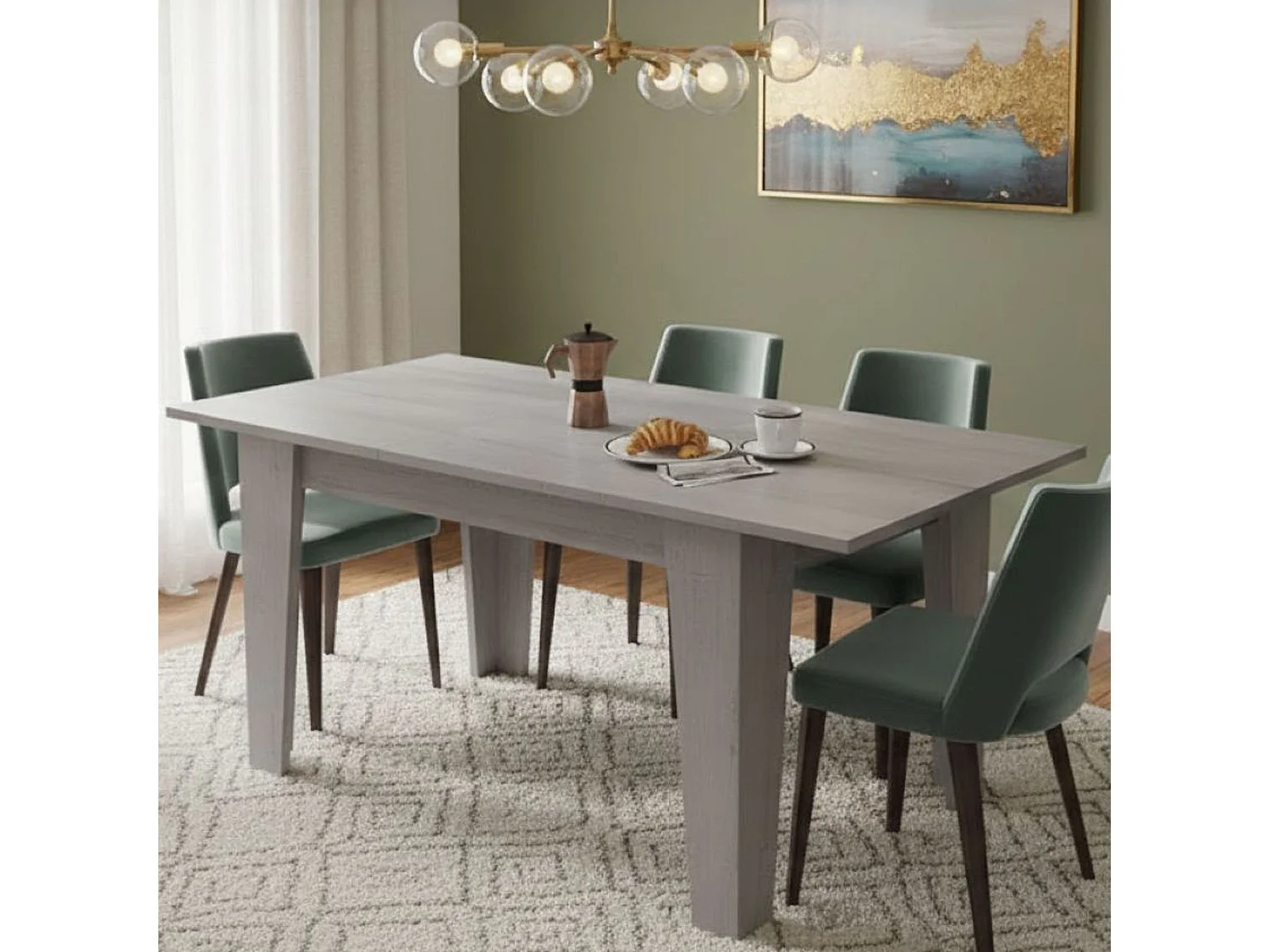 Table extensible Pizzoli, 160x80x78h gris béton, mécanisme extension centrale, longueur max 160 cm