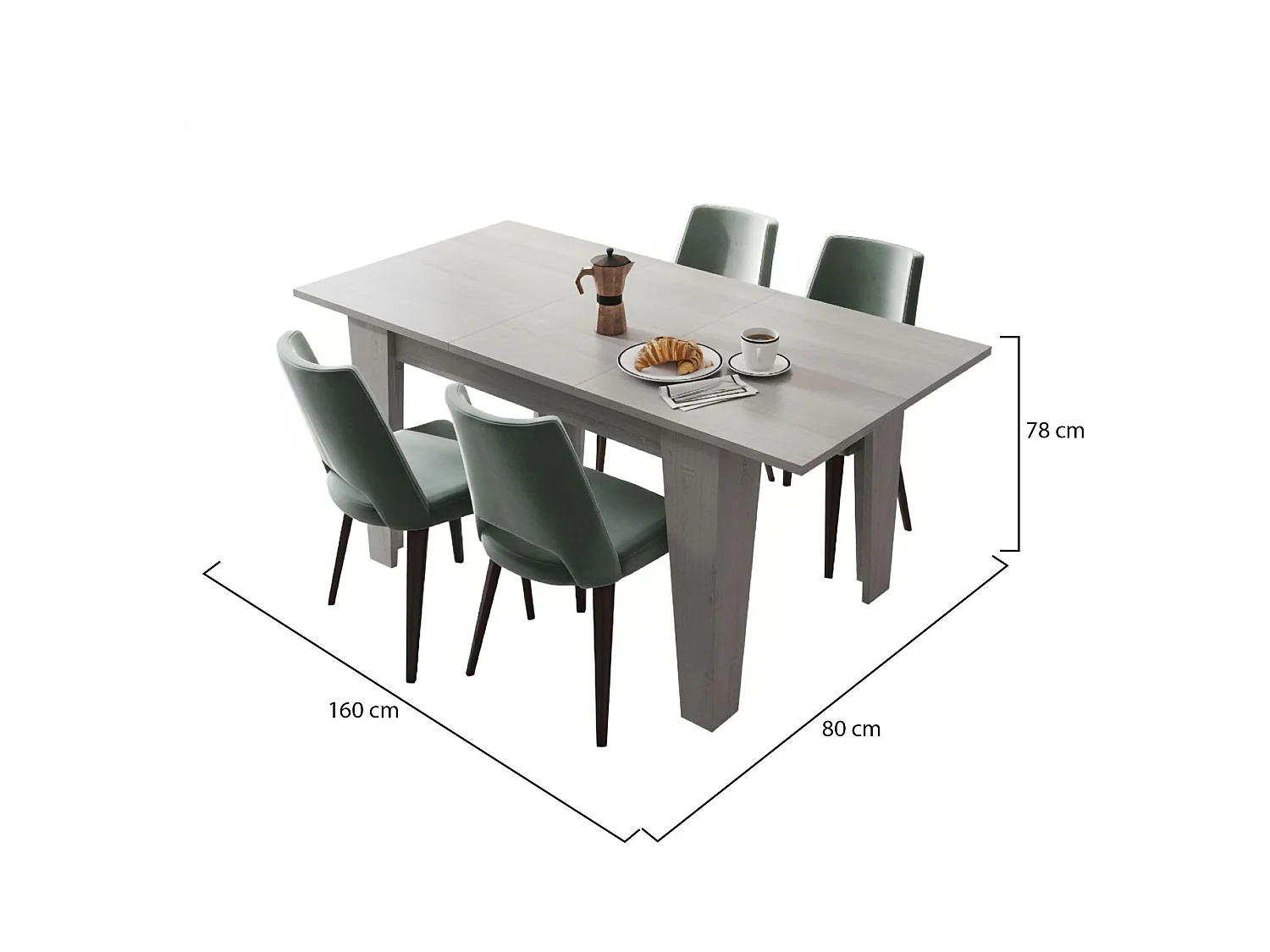 Table extensible Pizzoli, 160x80x78h gris béton, mécanisme extension centrale, longueur max 160 cm