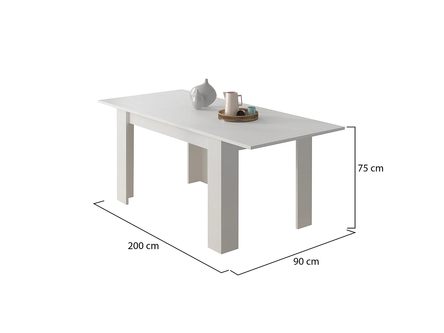Table extensible Marene, 200x90x75 cm blanc, mécanisme d'extension centrale, longueur maximale 200 cm