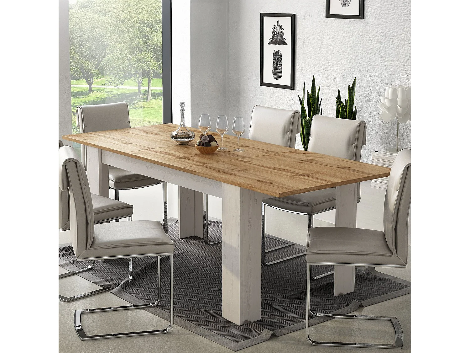 Table extensible Campora, extensible, 220x90x75h cm blanc, mécanisme d'extension centrale, longueur max 220 cm