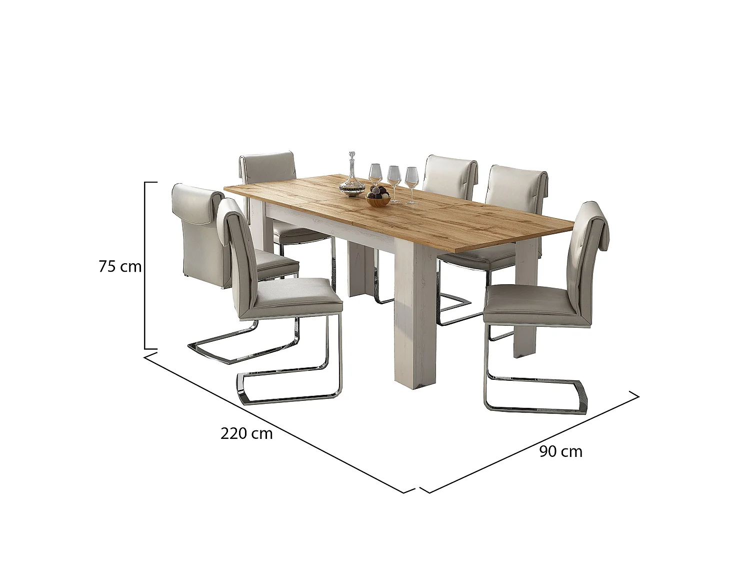 Table extensible Campora, extensible, 220x90x75h cm blanc, mécanisme d'extension centrale, longueur max 220 cm