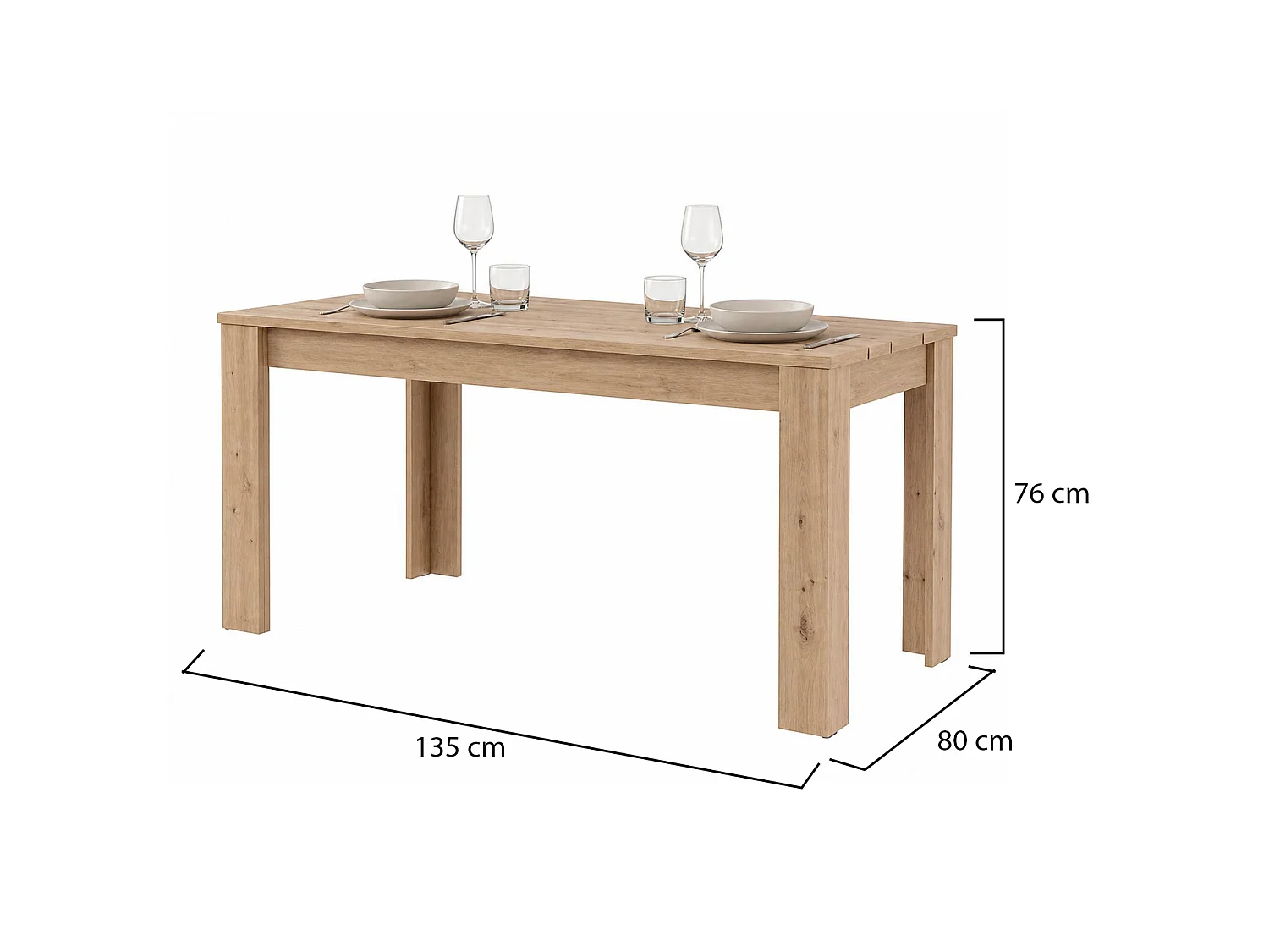 Table Fixe Luarca, 6 Places, 135x80x76h cm Chêne Marron Nœuds, Plateau Effet Lattes, Forme Rectangulaire