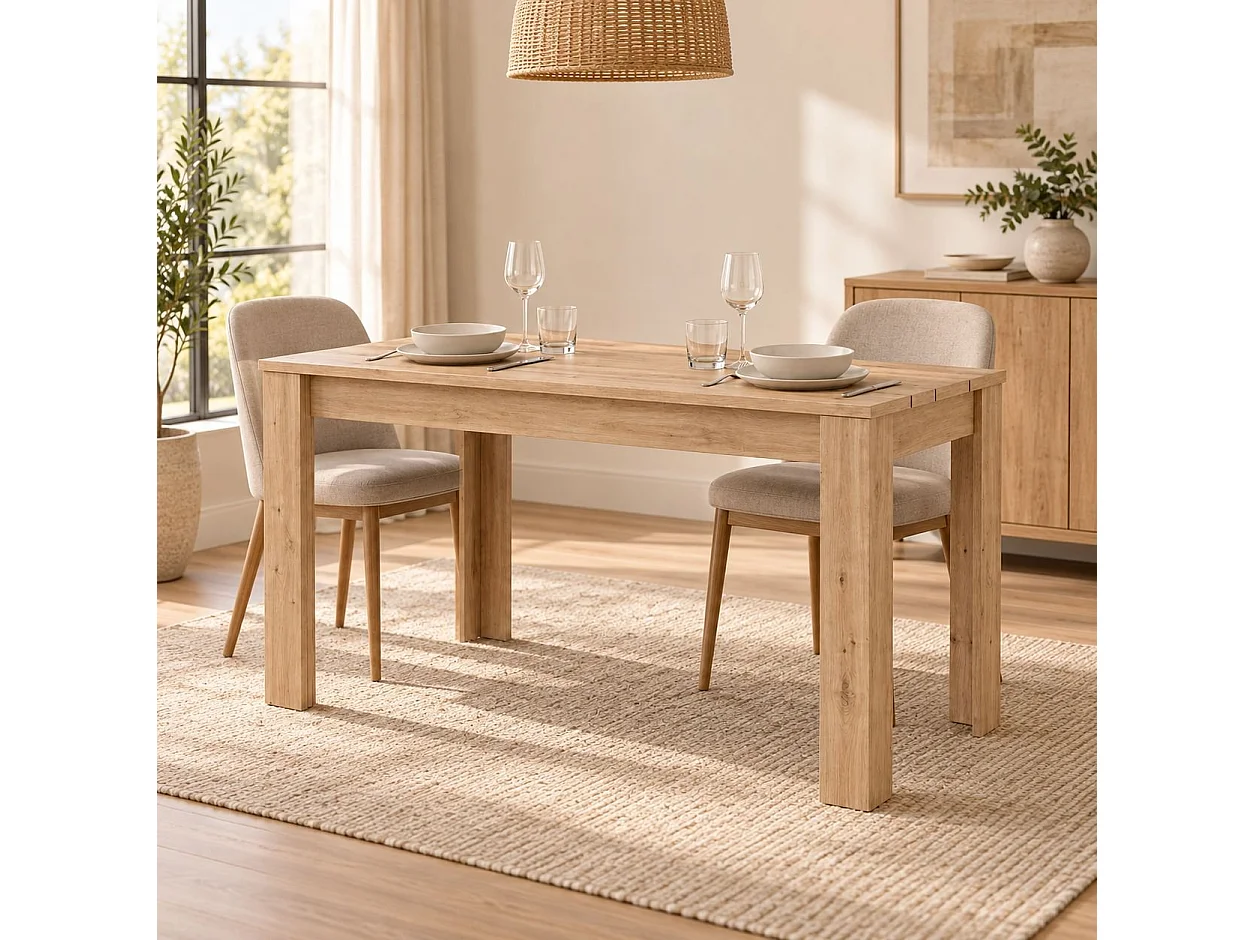 Table Fixe Luarca, 6 Places, 135x80x76h cm Chêne Marron Nœuds, Plateau Effet Lattes, Forme Rectangulaire