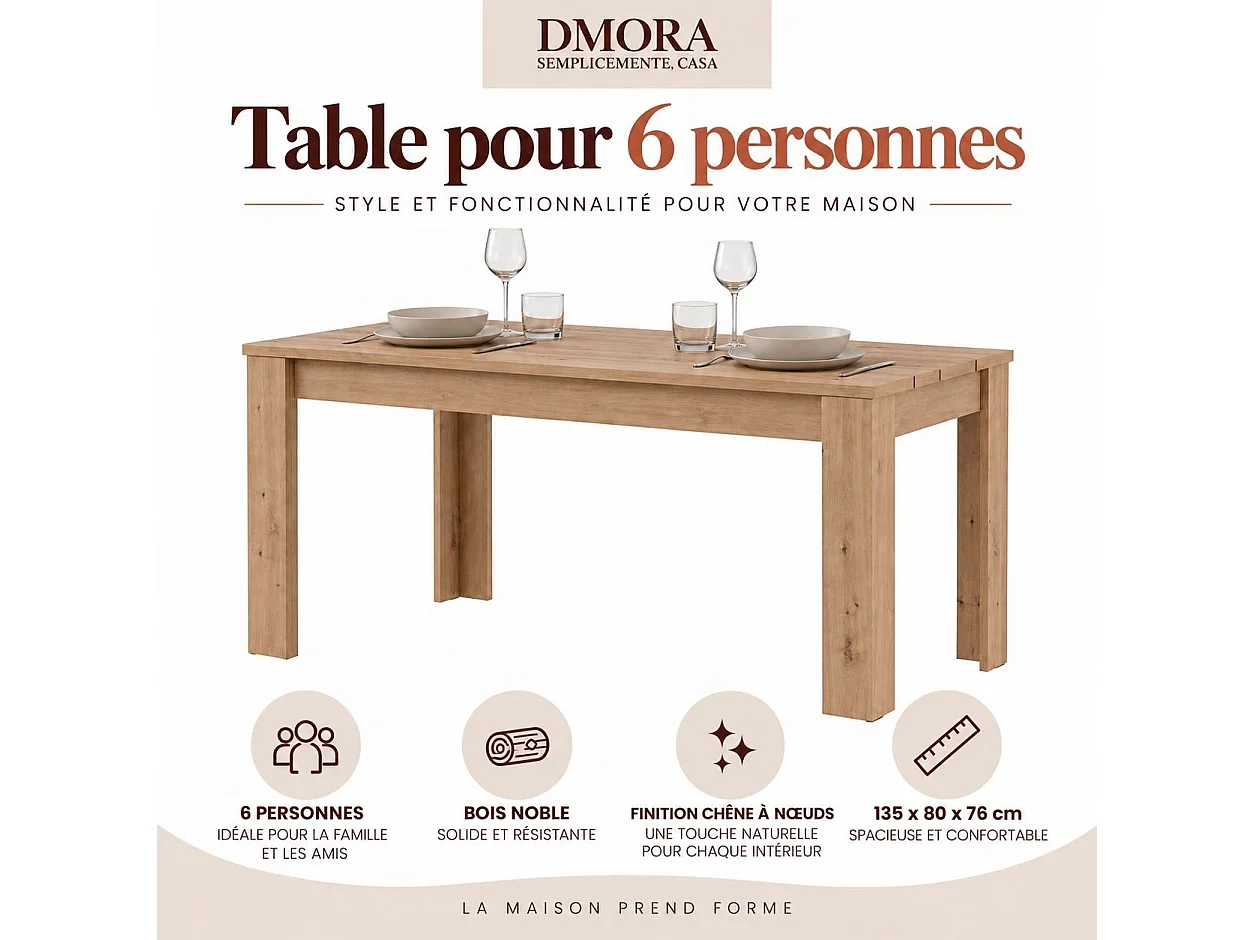 Table Fixe Luarca, 6 Places, 135x80x76h cm Chêne Marron Nœuds, Plateau Effet Lattes, Forme Rectangulaire
