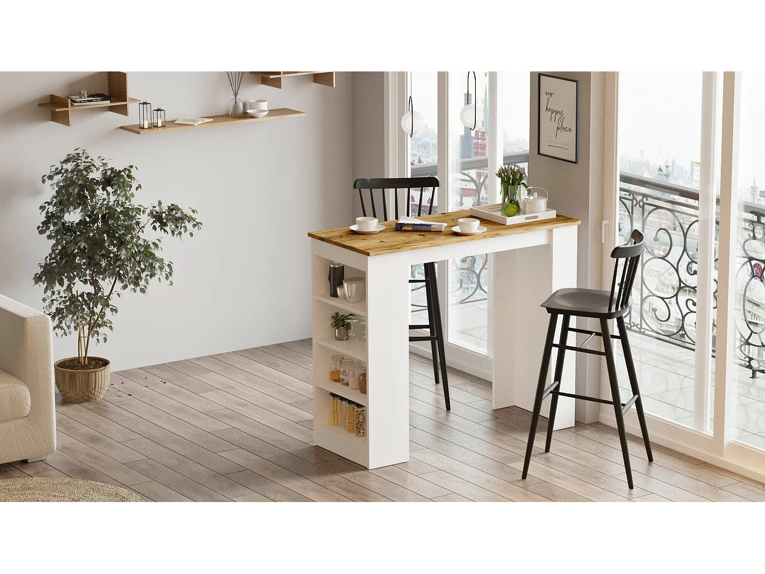 Vaste tafel Pontebba, 2 plaatsen, 120x52x102h cm eikenbruin, rechthoekige vorm, framekleur wit