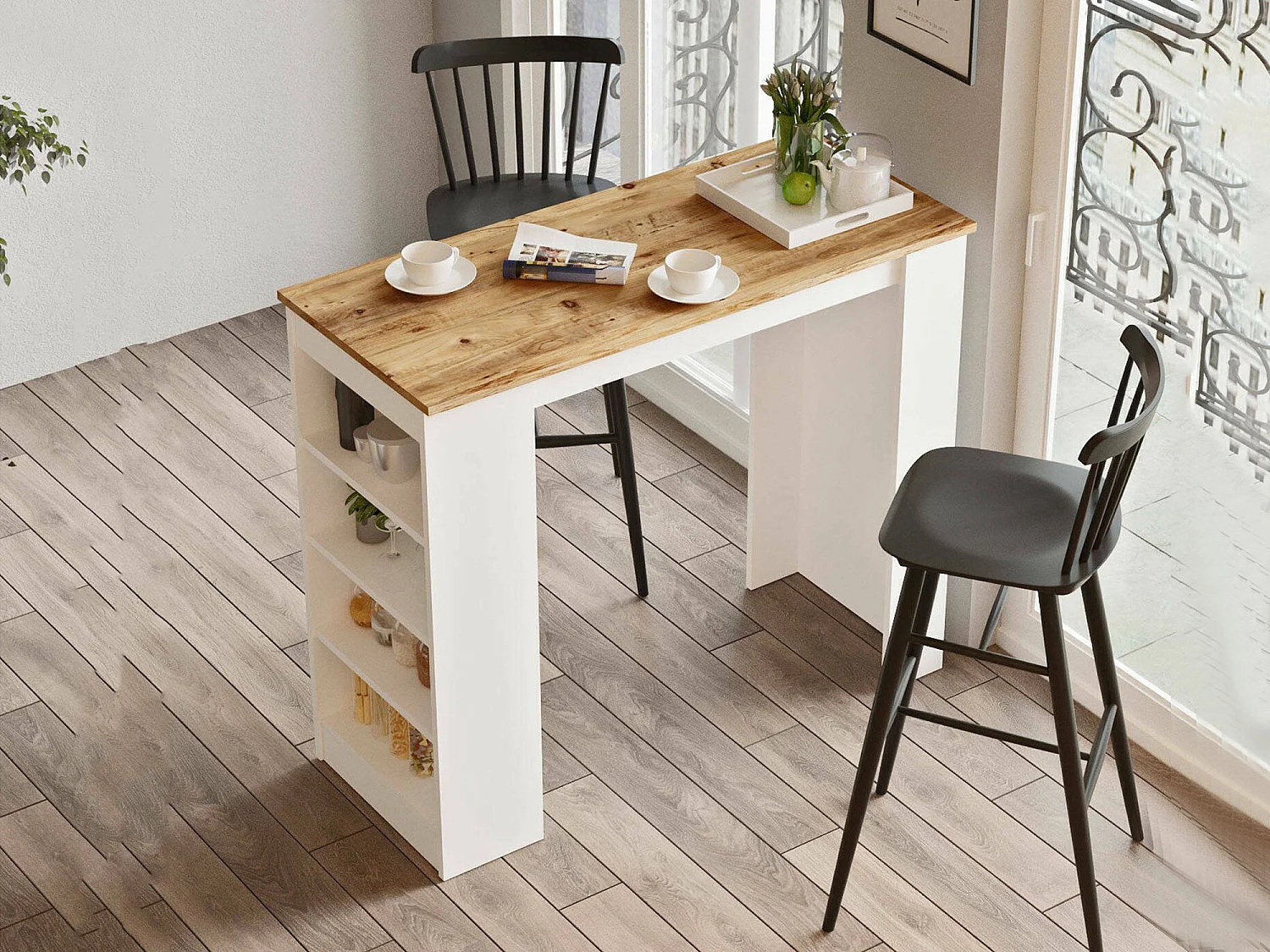 Vaste tafel Pontebba, 2 plaatsen, 120x52x102h cm eikenbruin, rechthoekige vorm, framekleur wit