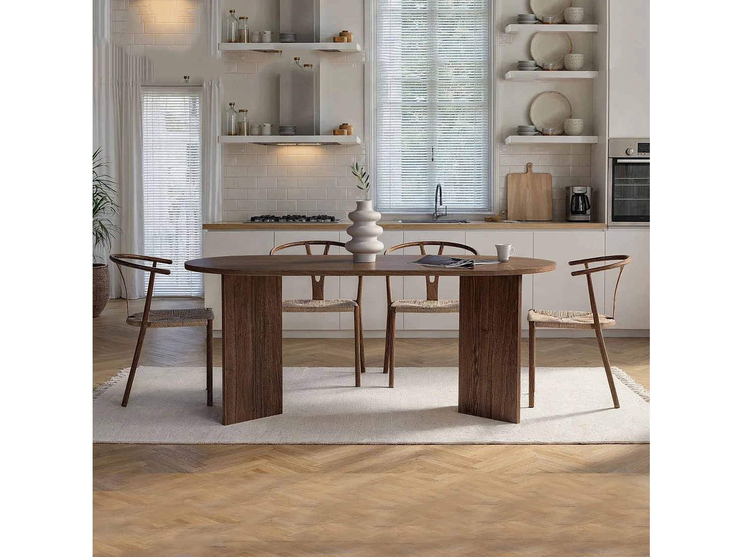 Table Fixe Monterano, 6 Places, 180x90x75h cm Marron Noyer Foncé, Forme Ovale, Plateau en Bois Noble