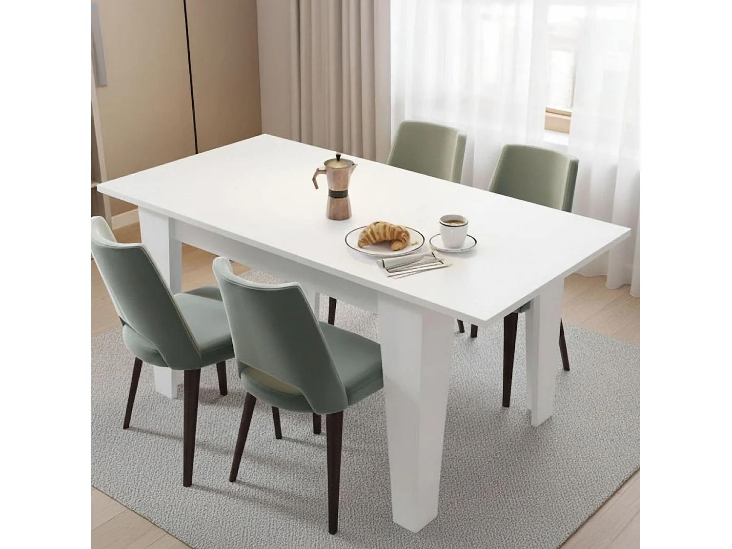 Table extensible Pizzoli, extensible, 160x80x78h cm blanc, mécanisme d'allonge central, longueur max 160 cm