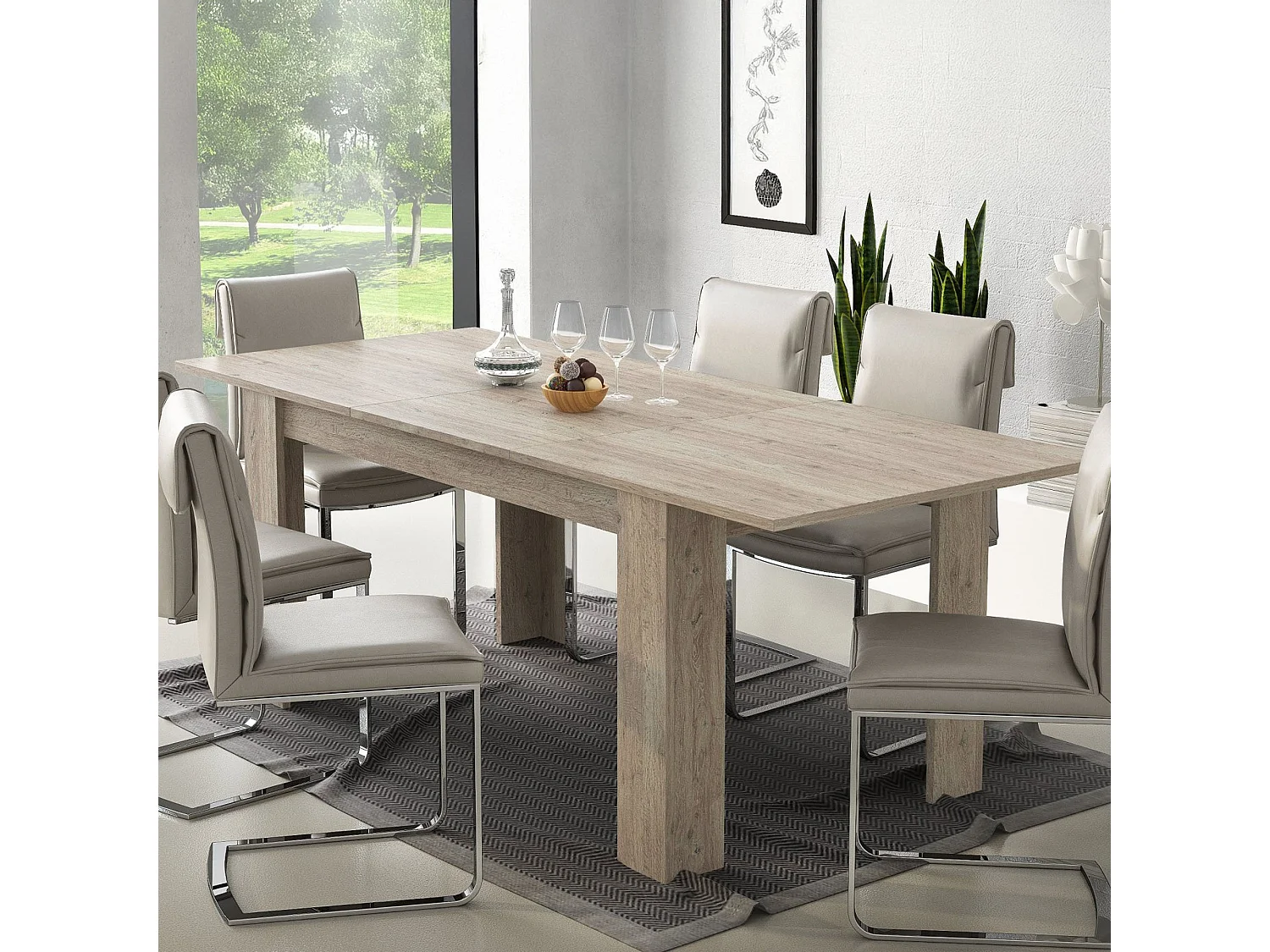 Table extensible Campora, 220x90x75h cm Chêne Gris, extension centrale, longueur max 220 cm