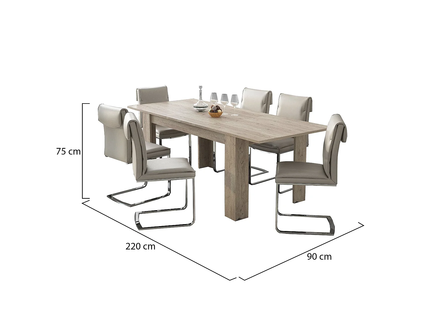 Table extensible Campora, 220x90x75h cm Chêne Gris, extension centrale, longueur max 220 cm